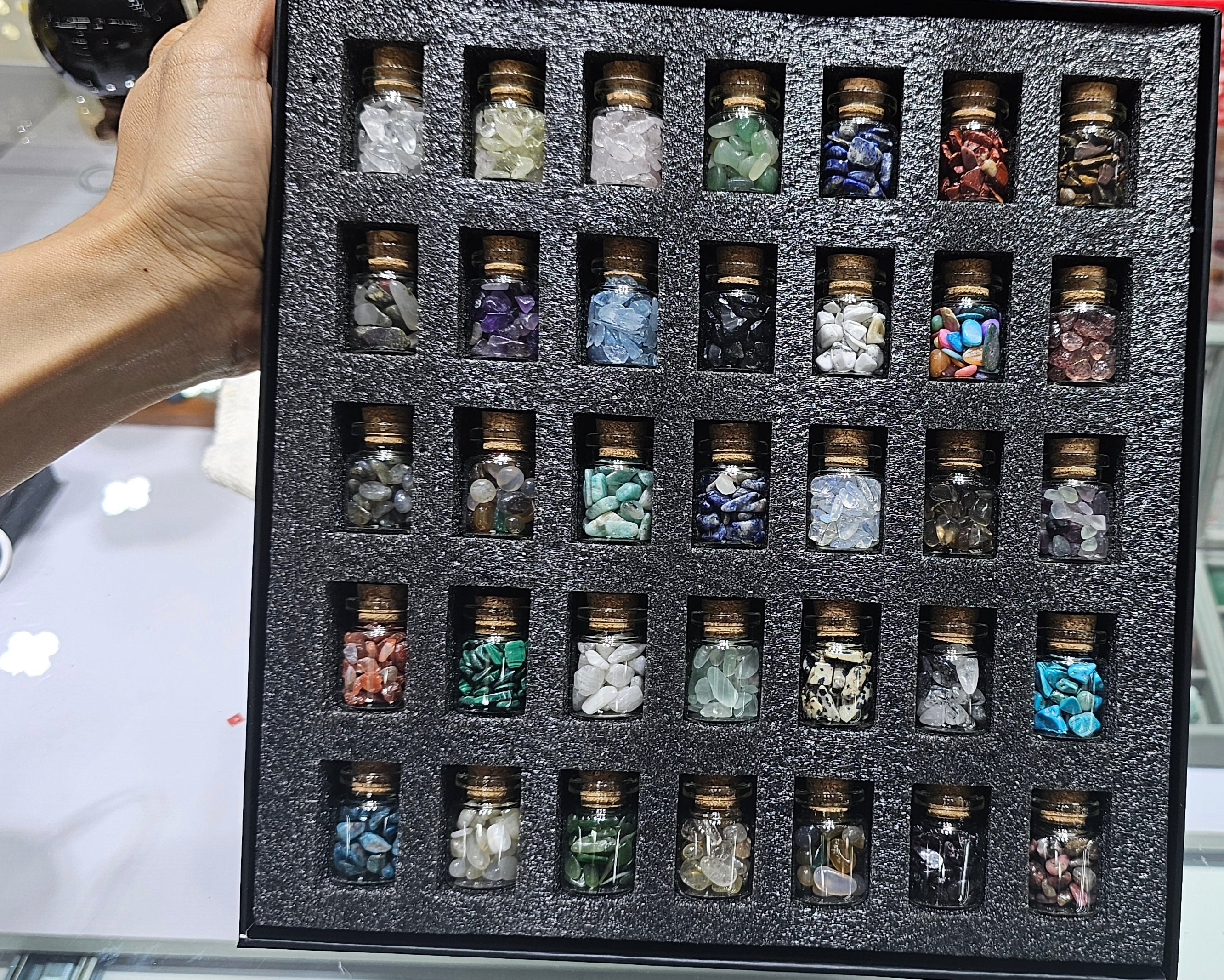 Mini Crystal Bottle Set – 36 Assorted Gemstones in Glass Vials | Healing Crystals, Meditation and Decor