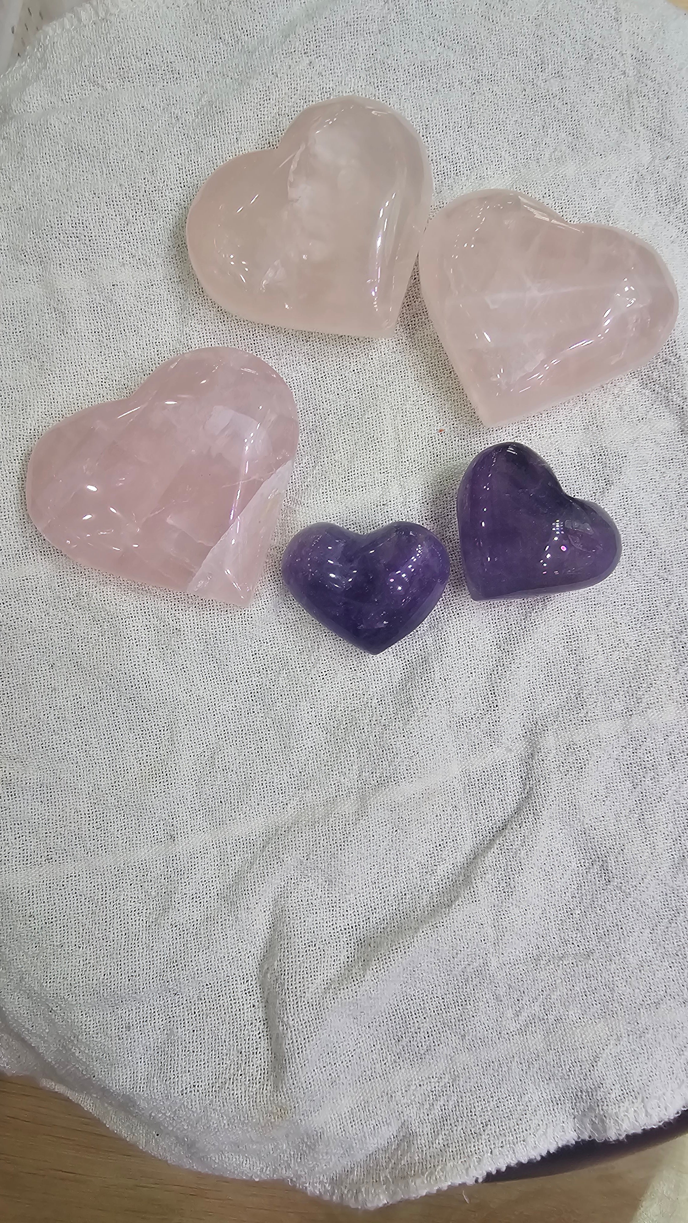 Polished Crystal Hearts and Palm Stones – Rose Quartz, Amethyst, Hematite and more!
