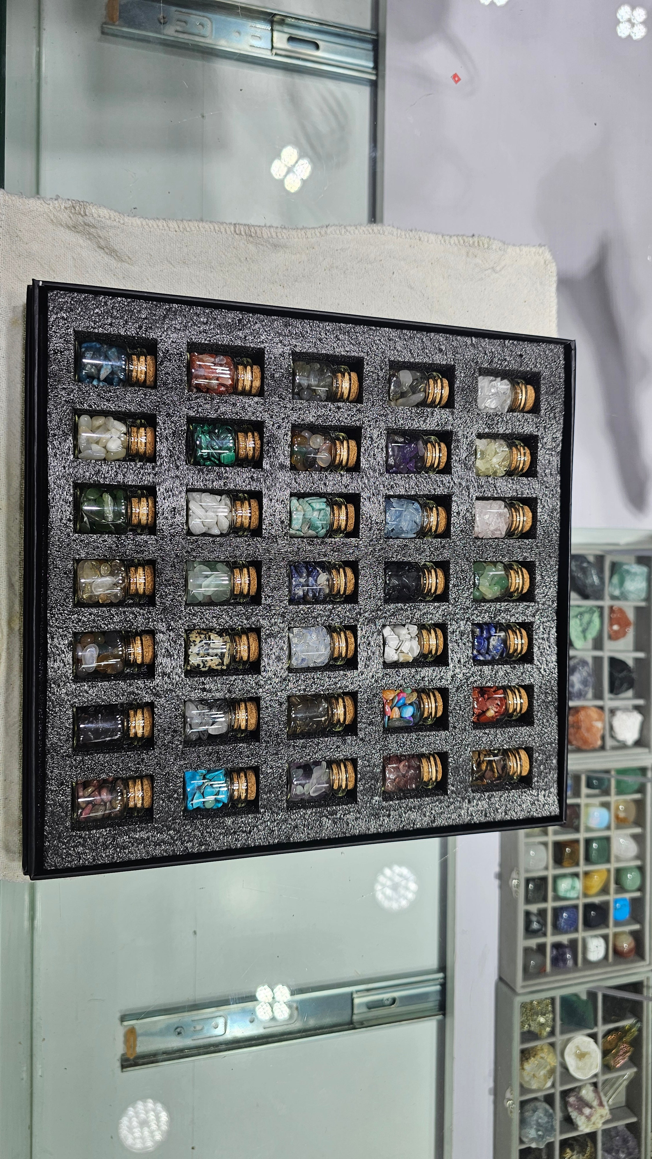 Mini Crystal Bottle Set – 36 Assorted Gemstones in Glass Vials | Healing Crystals, Meditation and Decor