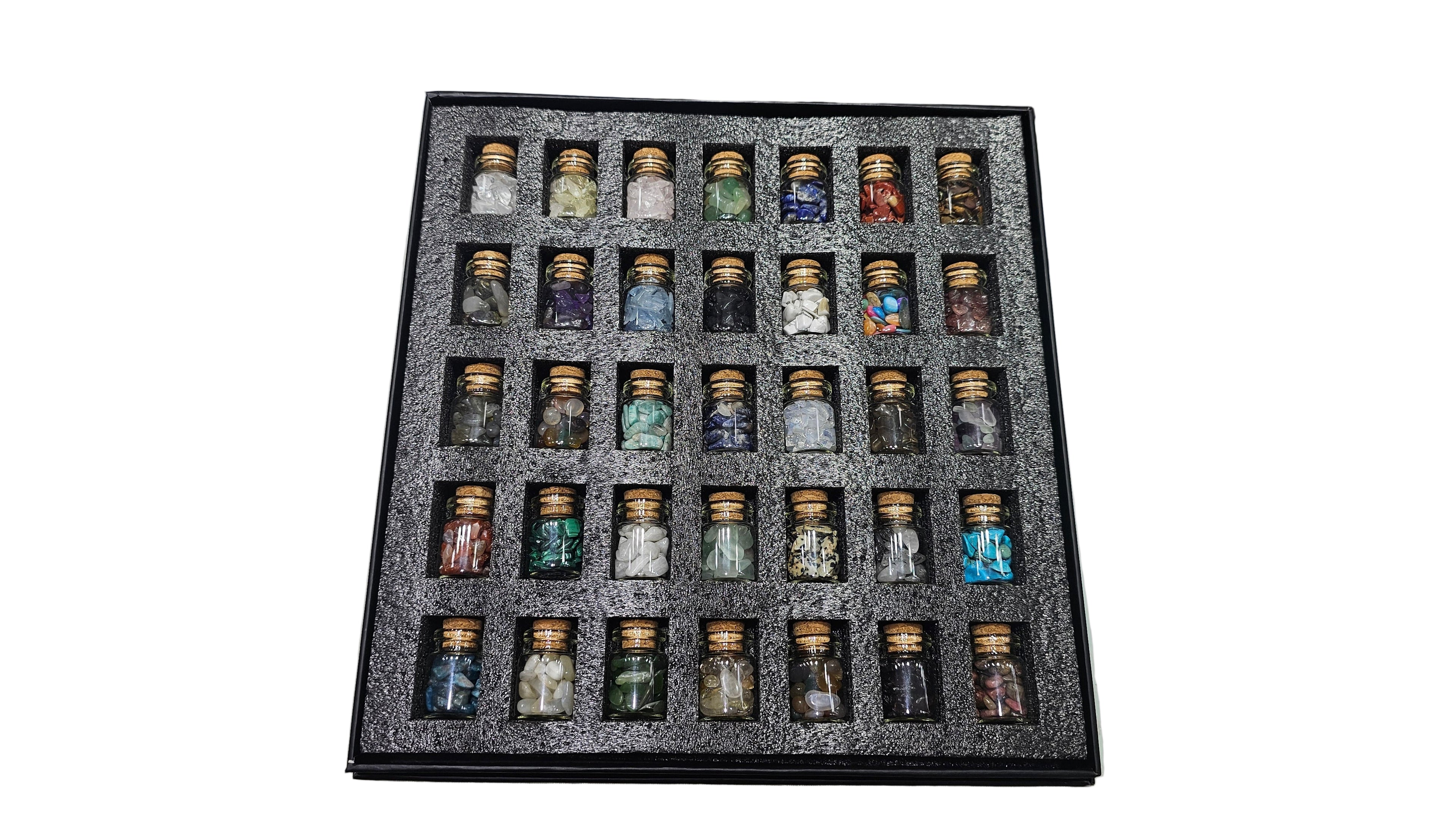 Mini Crystal Bottle Set – 36 Assorted Gemstones in Glass Vials | Healing Crystals, Meditation and Decor