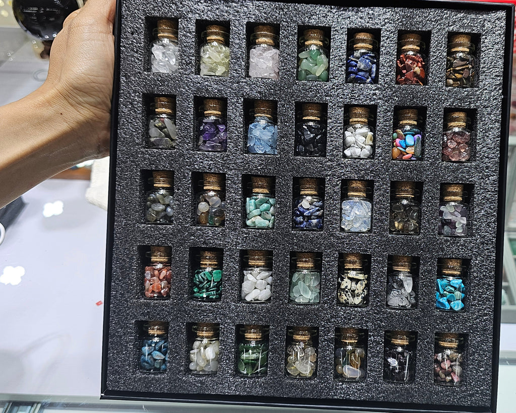 Mini Crystal Bottle Set – 36 Assorted Gemstones in Glass Vials | Healing Crystals, Meditation and Decor