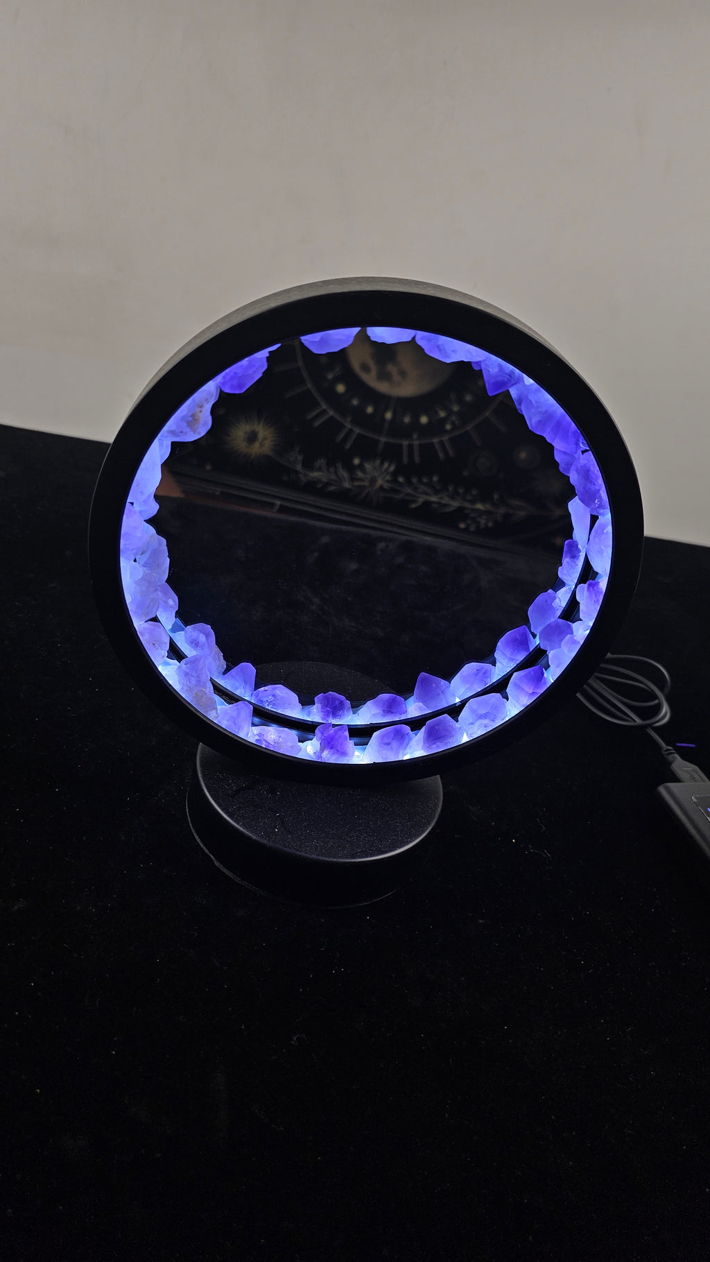 Amethyst Crystal Light Mirror with Purple Gemstone Stand