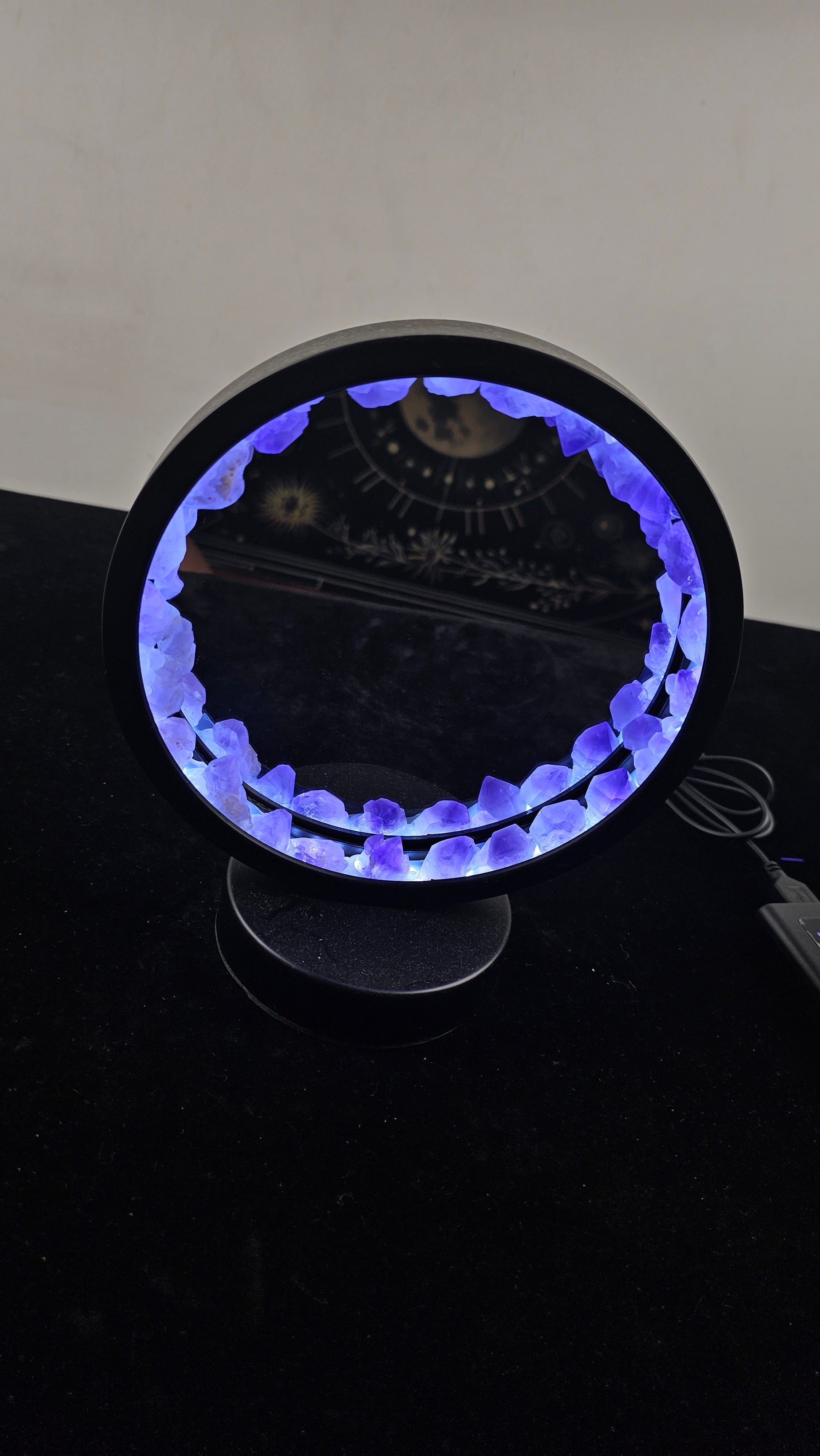 Amethyst Crystal Light Mirror with Purple Gemstone Stand