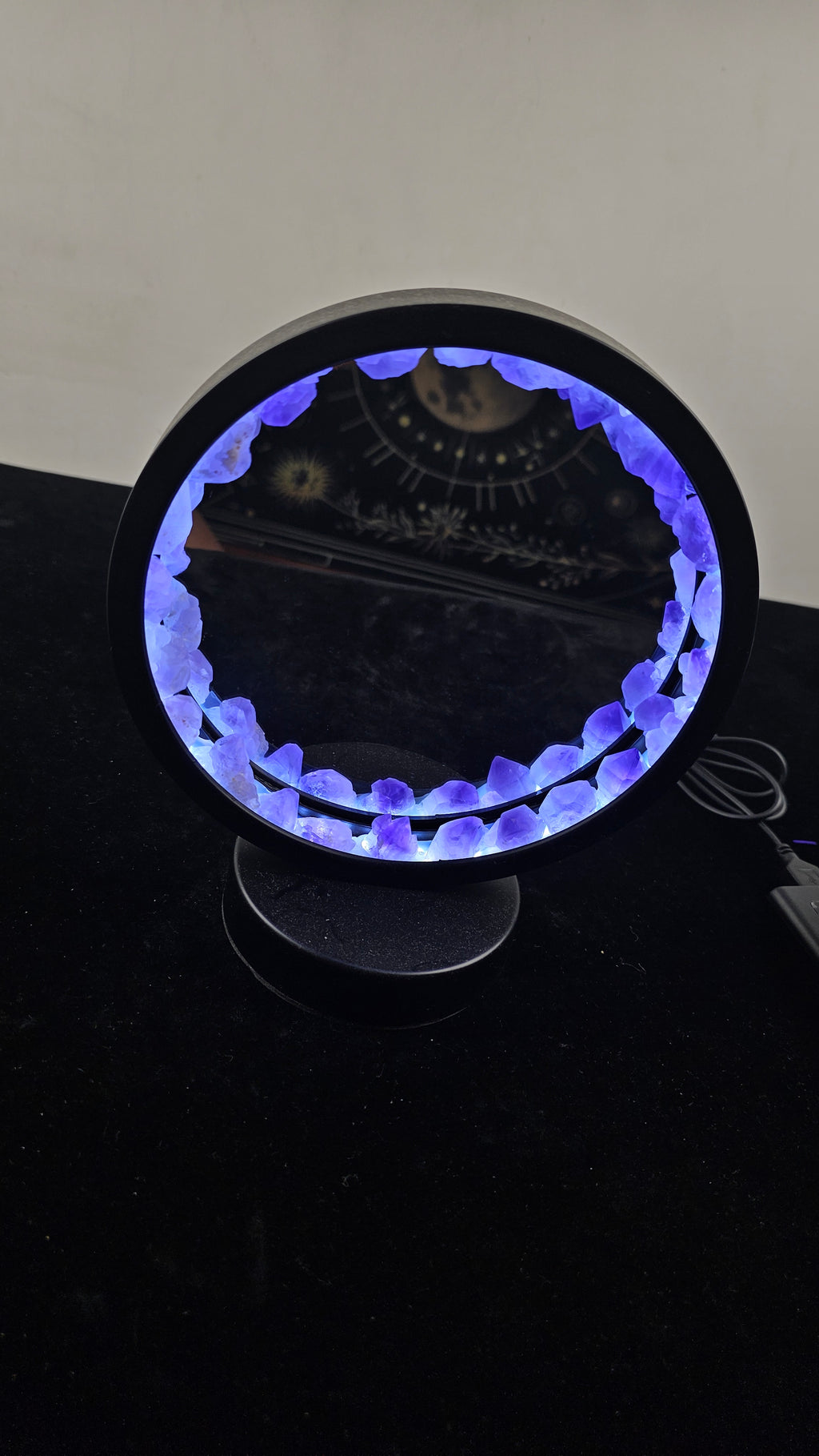 Amethyst Crystal Light Mirror with Purple Gemstone Stand