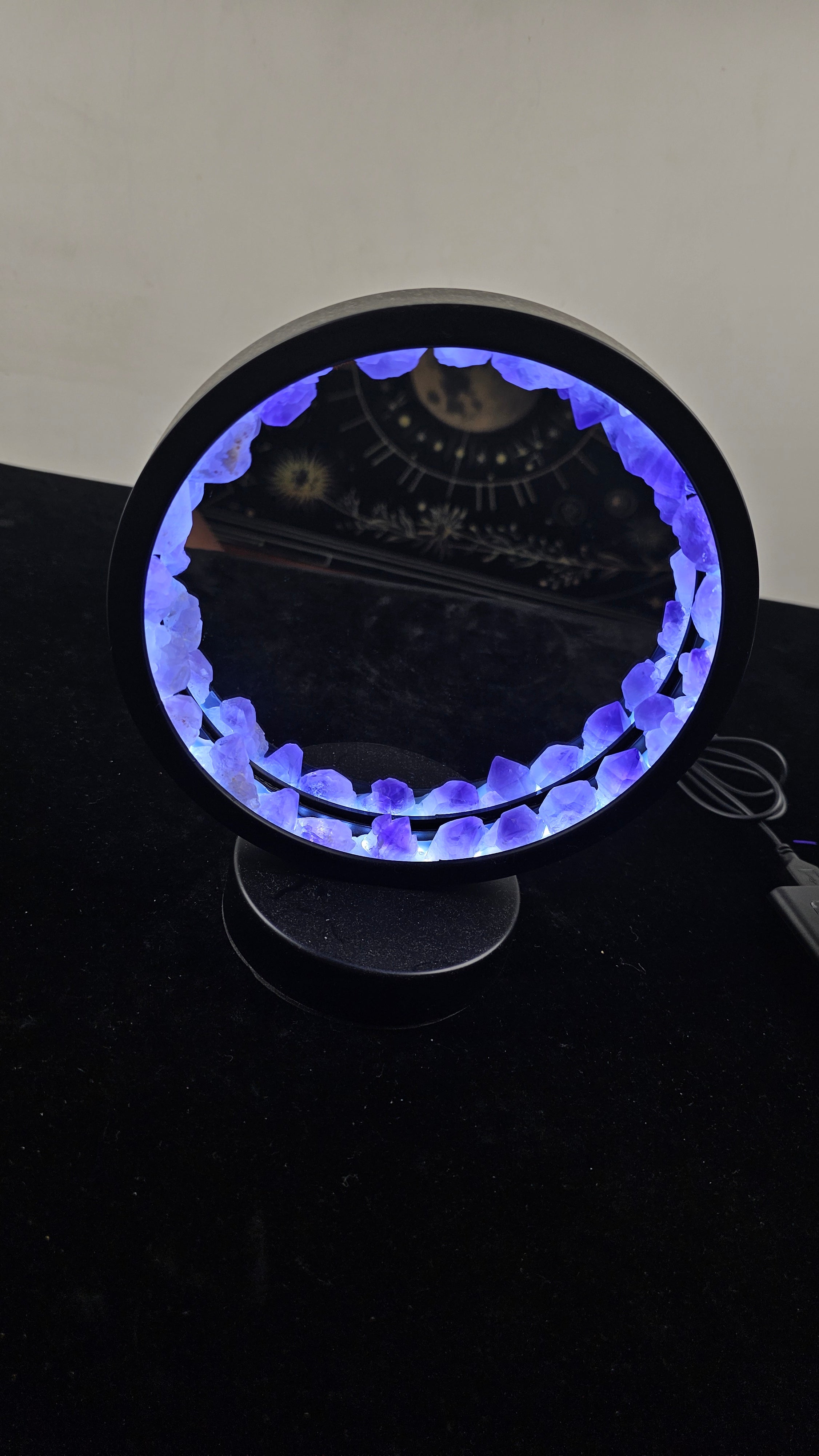 Amethyst Crystal Light Mirror with Purple Gemstone Stand