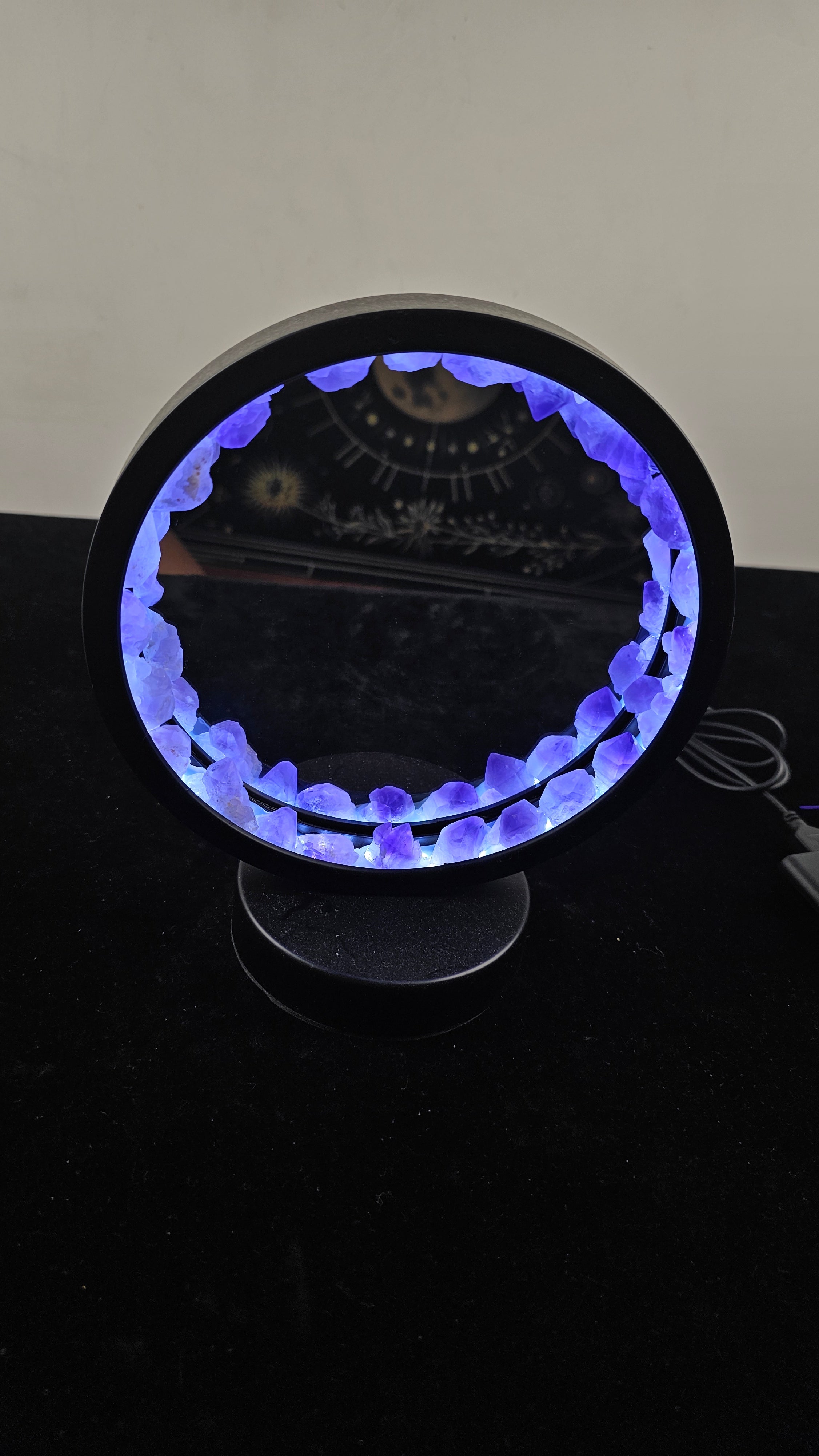 Amethyst Crystal Light Mirror with Purple Gemstone Stand