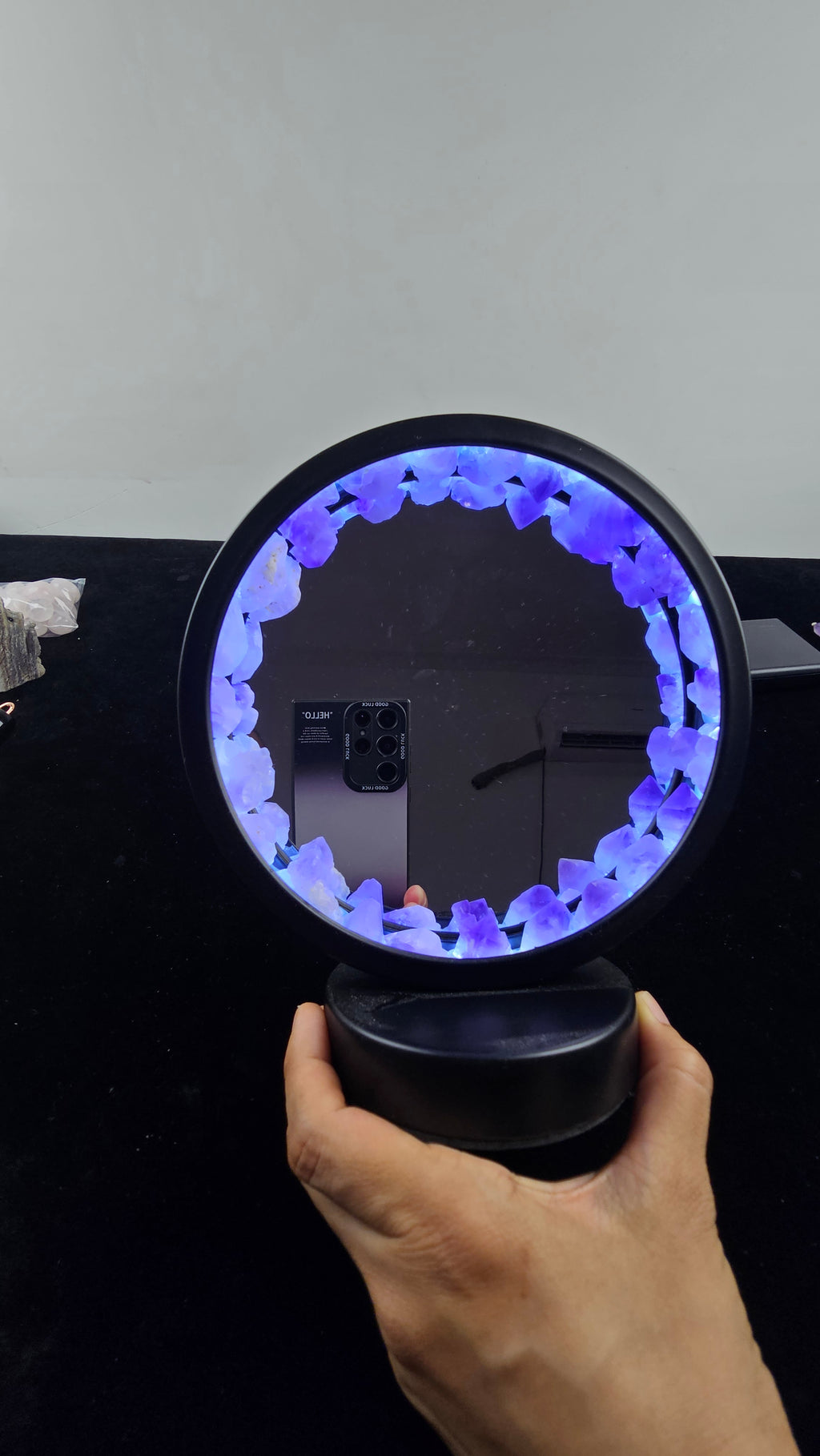 Amethyst Crystal Light Mirror with Purple Gemstone Stand