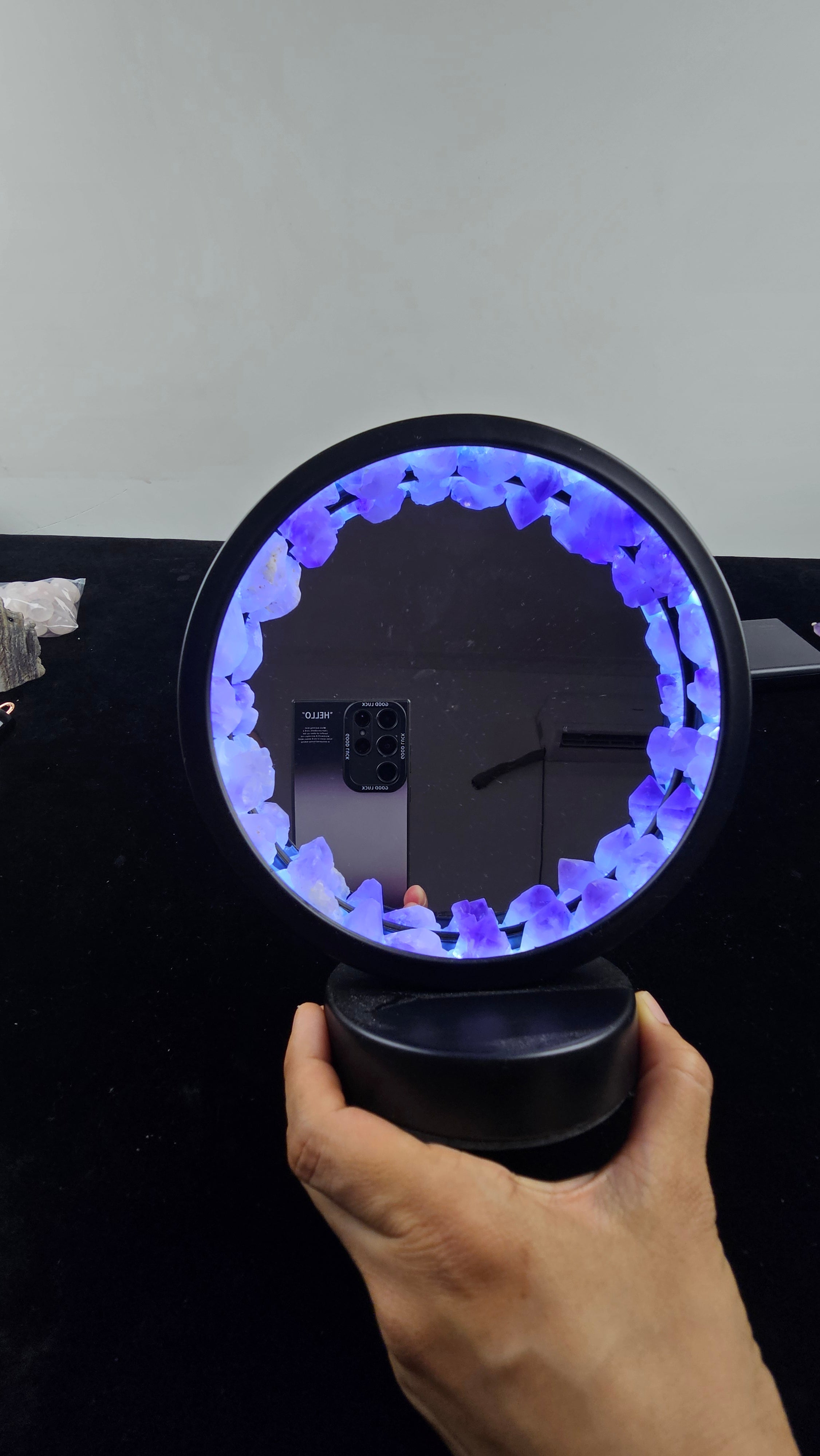Amethyst Crystal Light Mirror with Purple Gemstone Stand