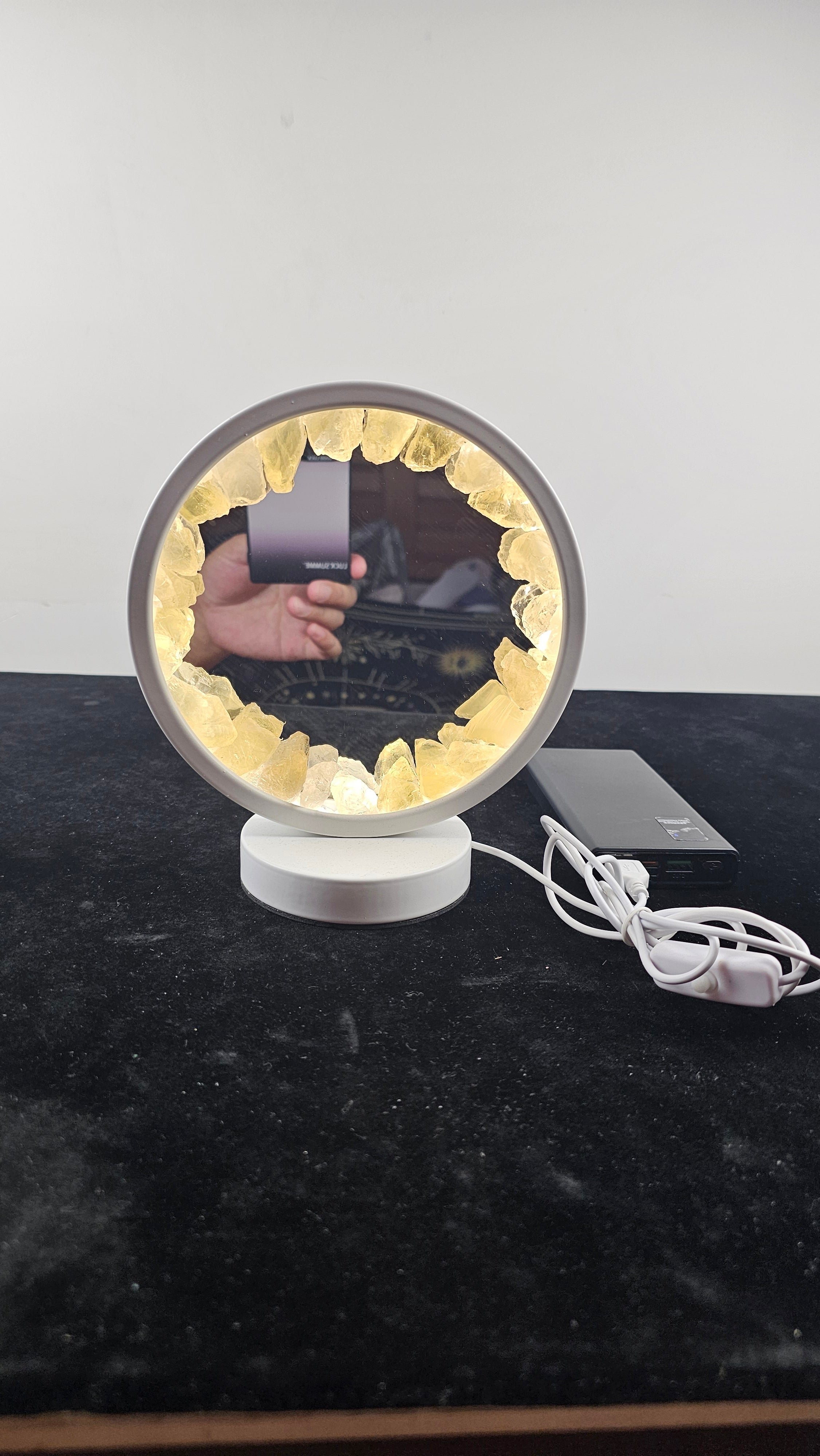 Golden Citrine Mirror with Crystal Frame – Spiritual Décor & Meditation; Positive Energy & Feng Shui Home Accent