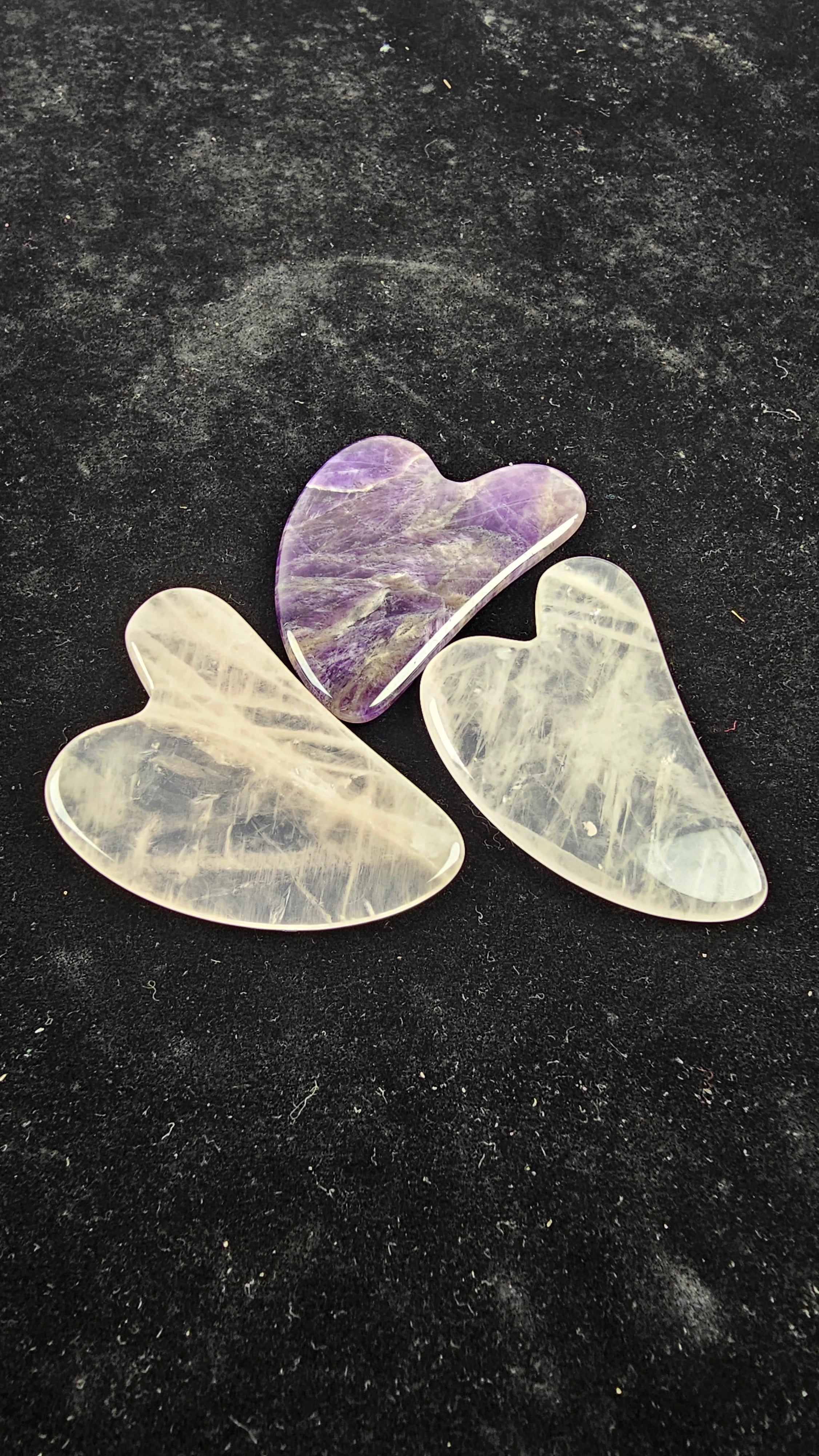 Natural crystal Gua Sha massage tool in Rose Quartz, Obsidian &amp; Jade.  Facial massage, lymphatic drainage, relaxation &amp; radiant skin