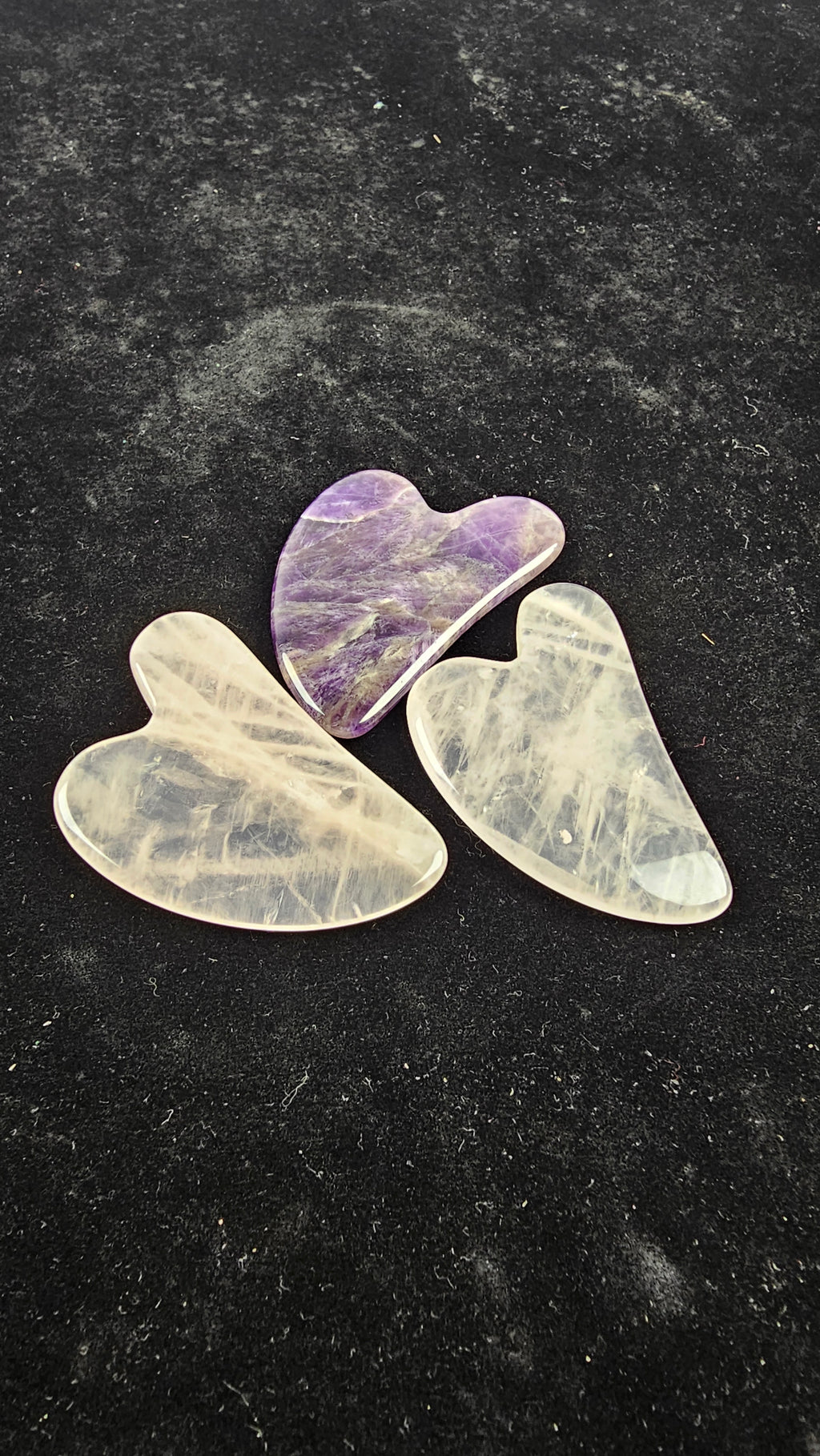 Natural crystal Gua Sha massage tool in Rose Quartz, Obsidian &amp; Jade.  Facial massage, lymphatic drainage, relaxation &amp; radiant skin