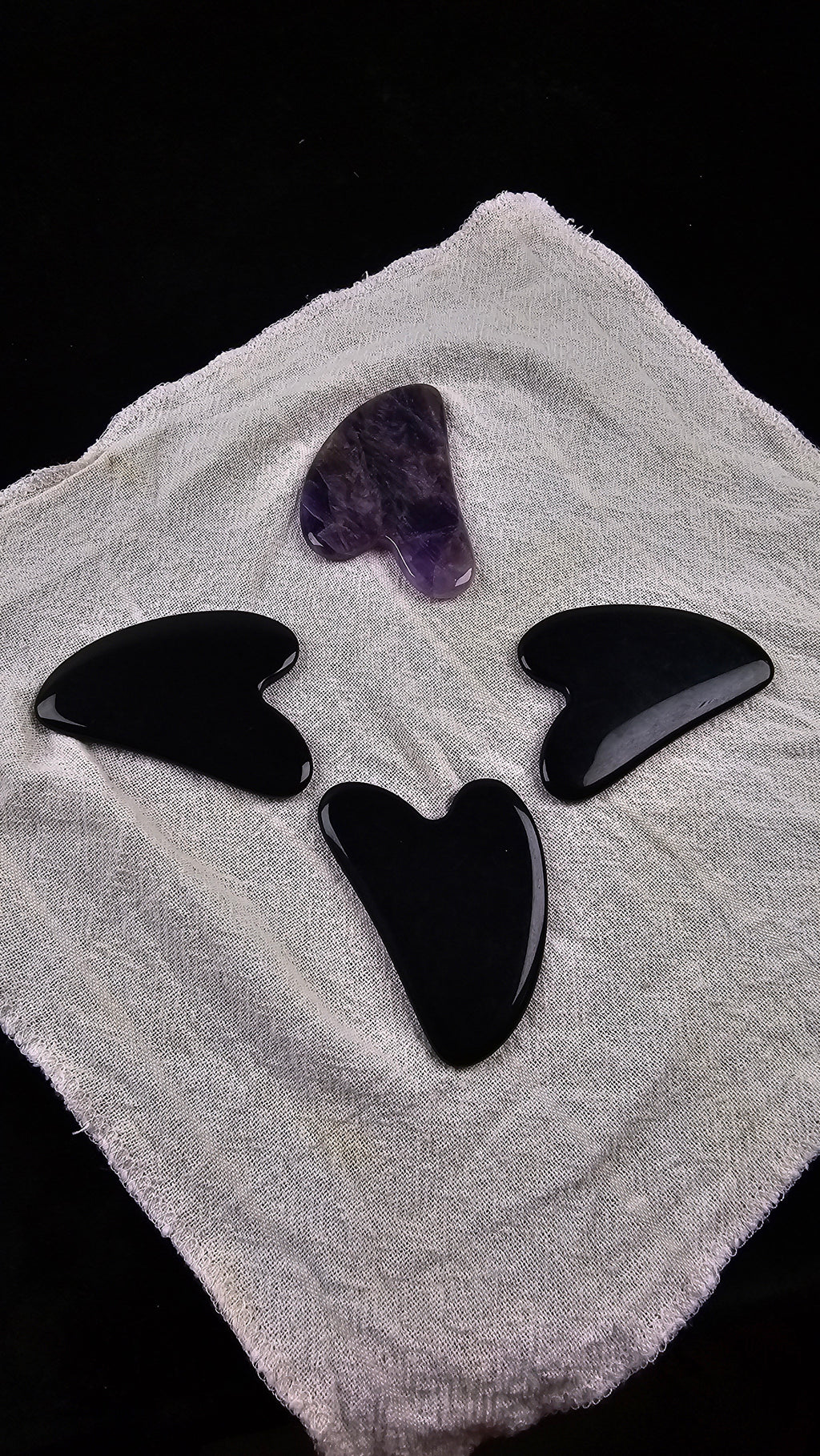 Natural crystal Gua Sha massage tool in Rose Quartz, Obsidian &amp; Jade.  Facial massage, lymphatic drainage, relaxation &amp; radiant skin