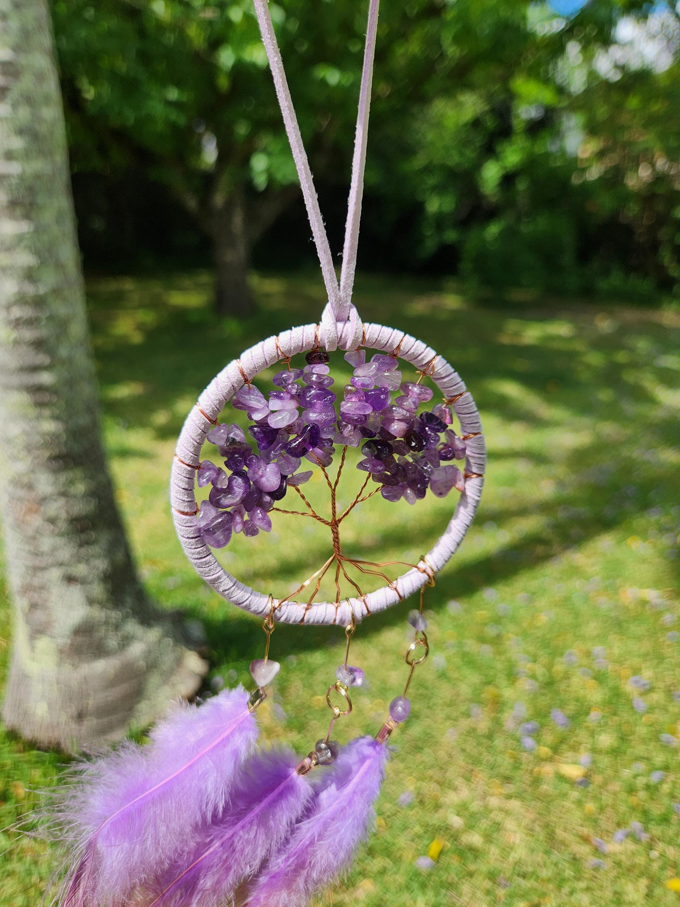 Amethyst Tree Dreamcatcher — Handmade Purple Gemstone Tree of Life Wall Hanging, Spiritual Protection, Healing Crystal Decor