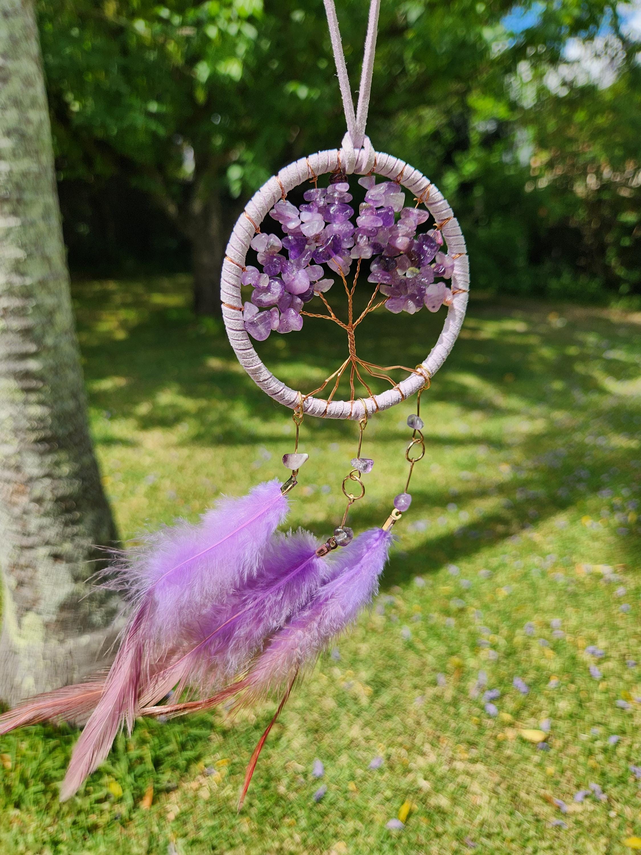 Amethyst Tree Dreamcatcher — Handmade Purple Gemstone Tree of Life Wall Hanging, Spiritual Protection, Healing Crystal Decor