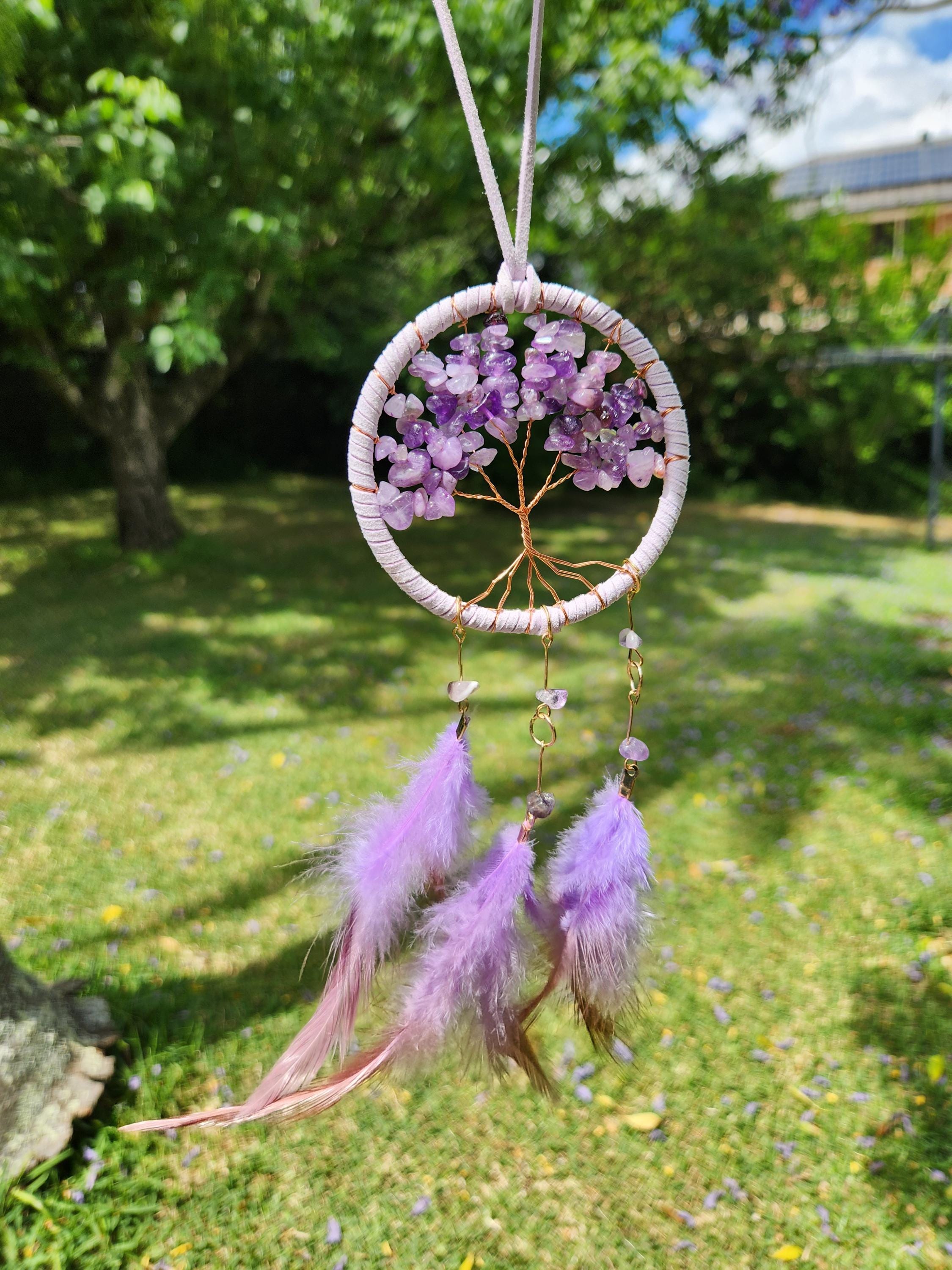 Amethyst Tree Dreamcatcher — Handmade Purple Gemstone Tree of Life Wall Hanging, Spiritual Protection, Healing Crystal Decor