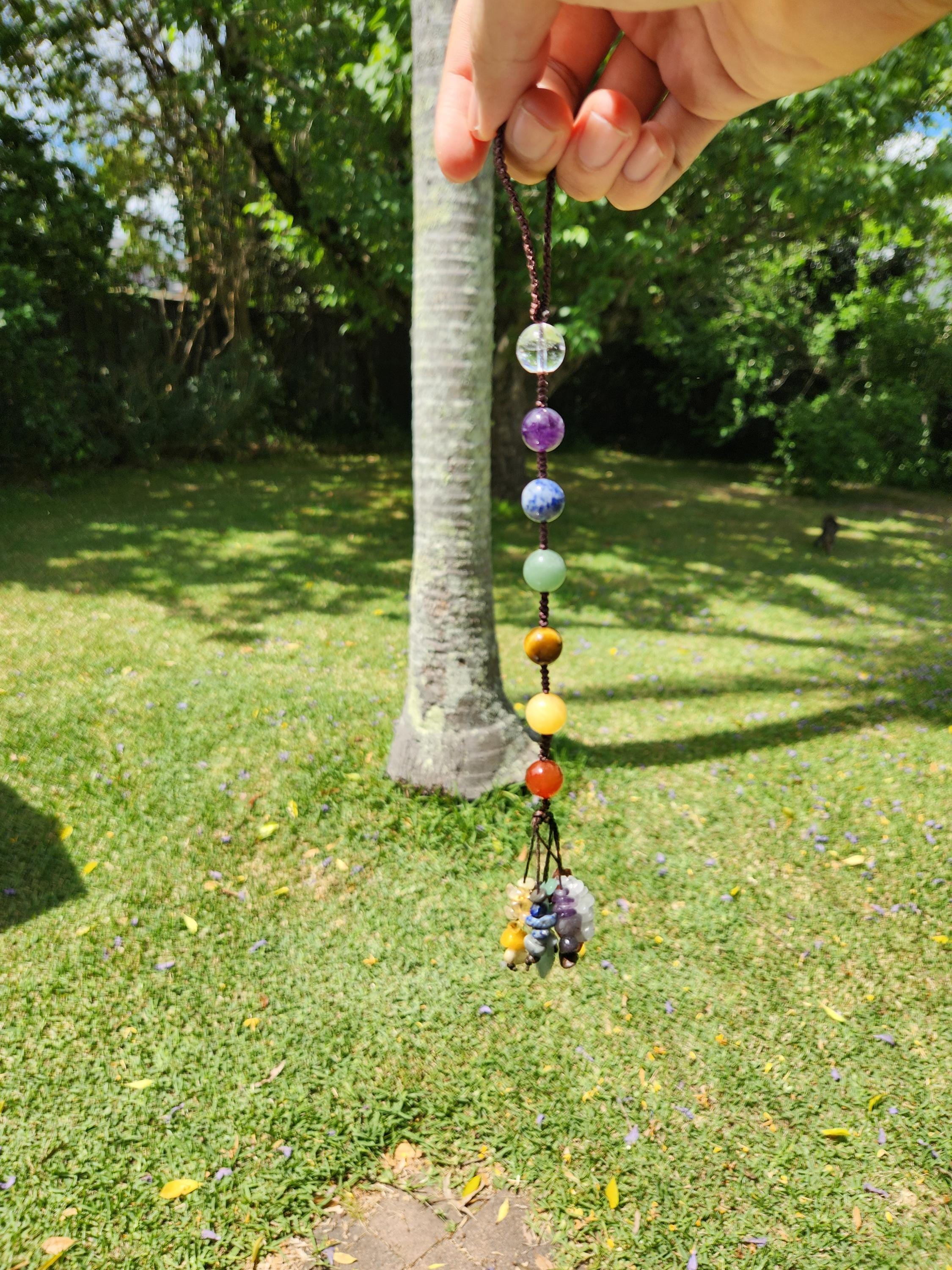 7-Chakra Raw Crystal Hanging Decor, Round Stones, Meditation Decor, Natural Healing Stones, Reiki Healing Crystals Car Window Hanger