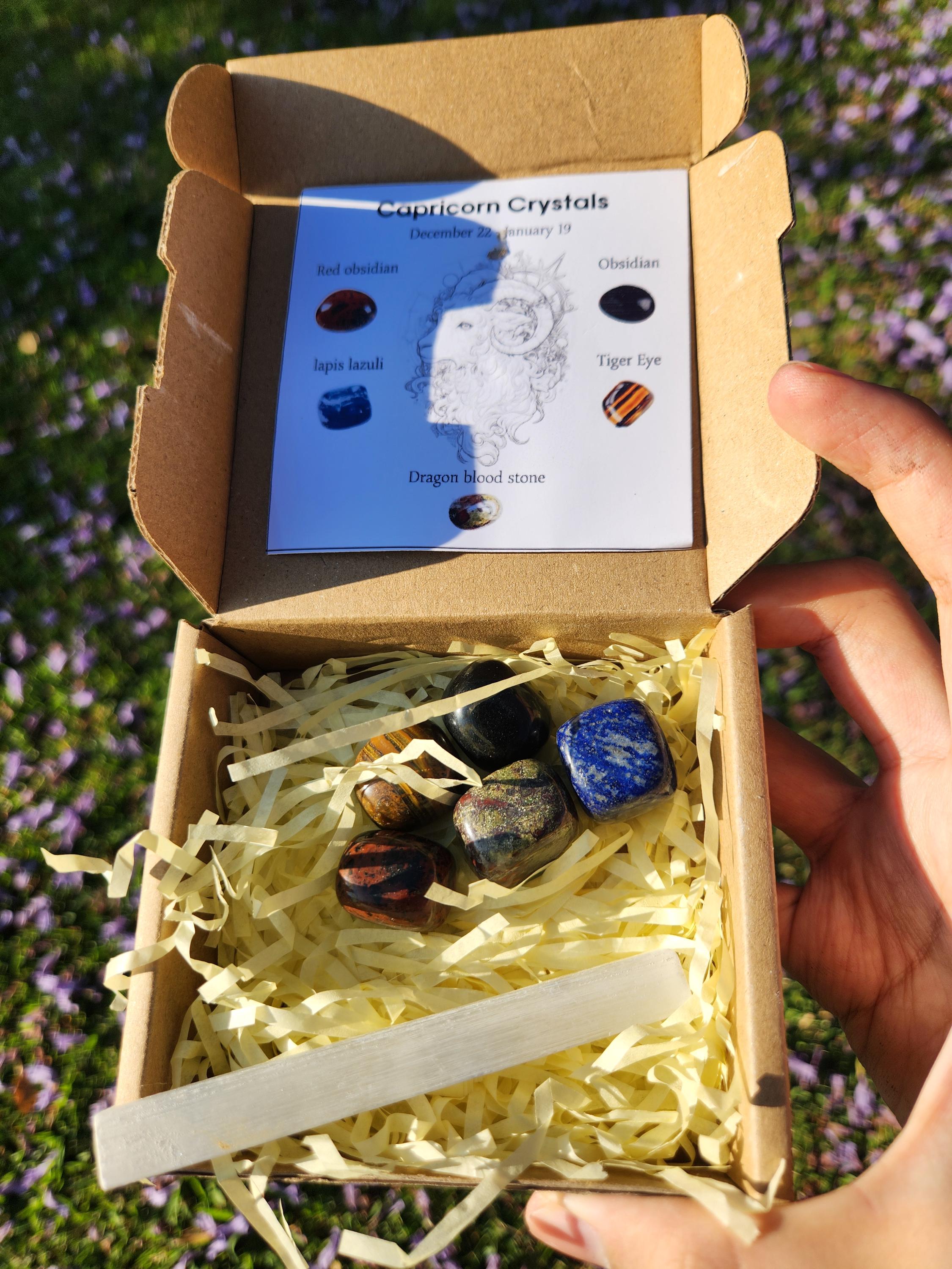 Capricorn Crystal Set — Grounding & Success Healing Stones with Selenite Charging Bar, Zodiac Crystal Gift Box (December 22 – January 19)