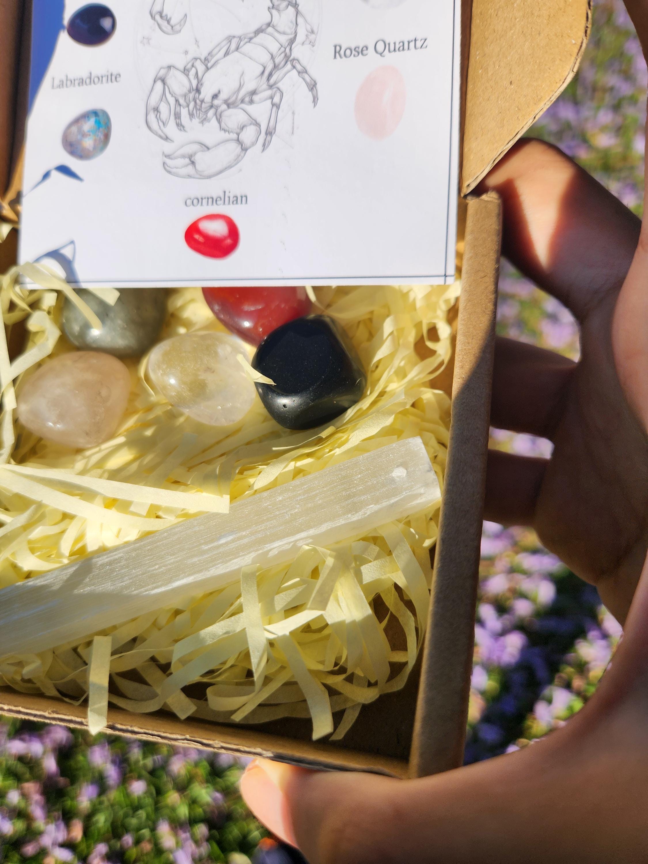 Scorpio Crystal Set — Transformation, Protection Healing Stones with Selenite Charging Bar, Zodiac Crystal Gift Box