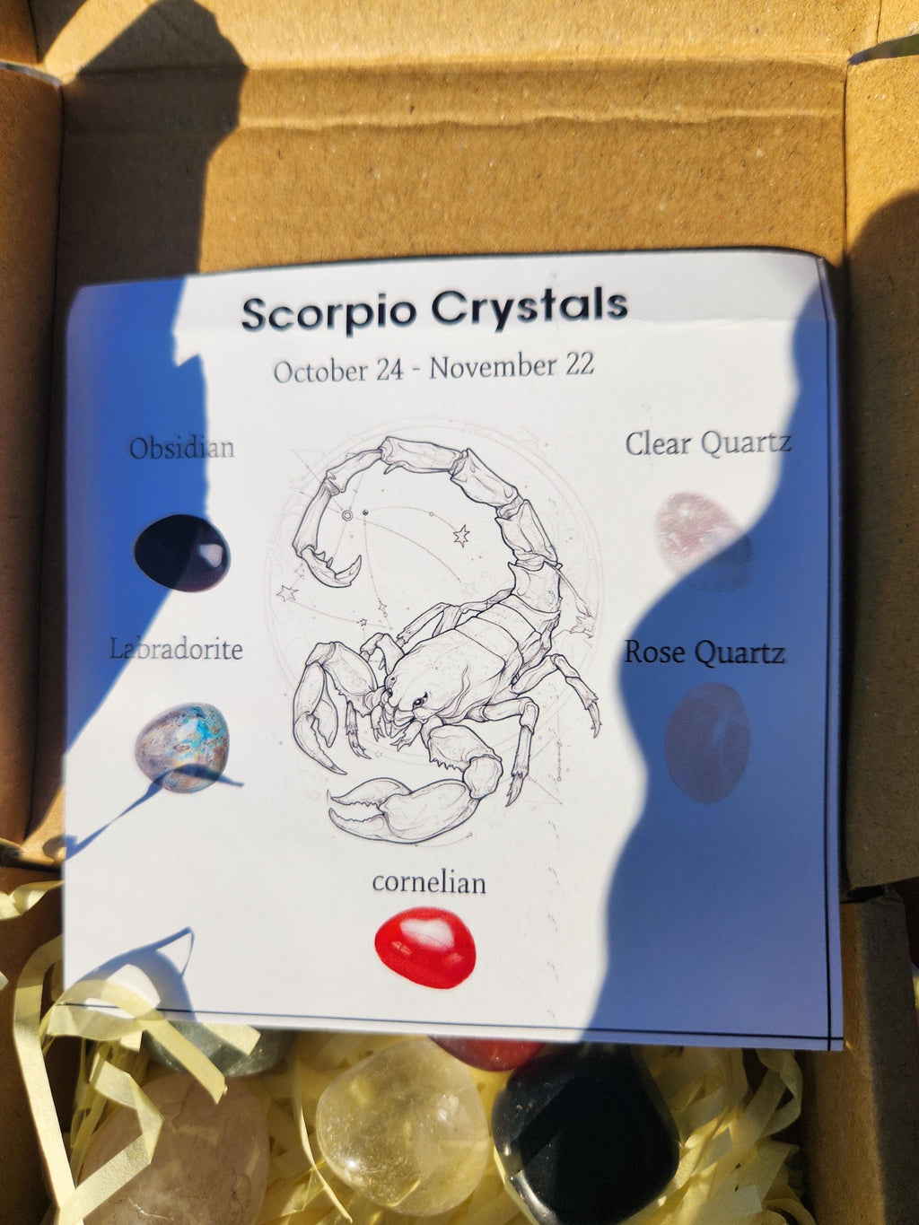Scorpio Crystal Set — Transformation, Protection Healing Stones with Selenite Charging Bar, Zodiac Crystal Gift Box