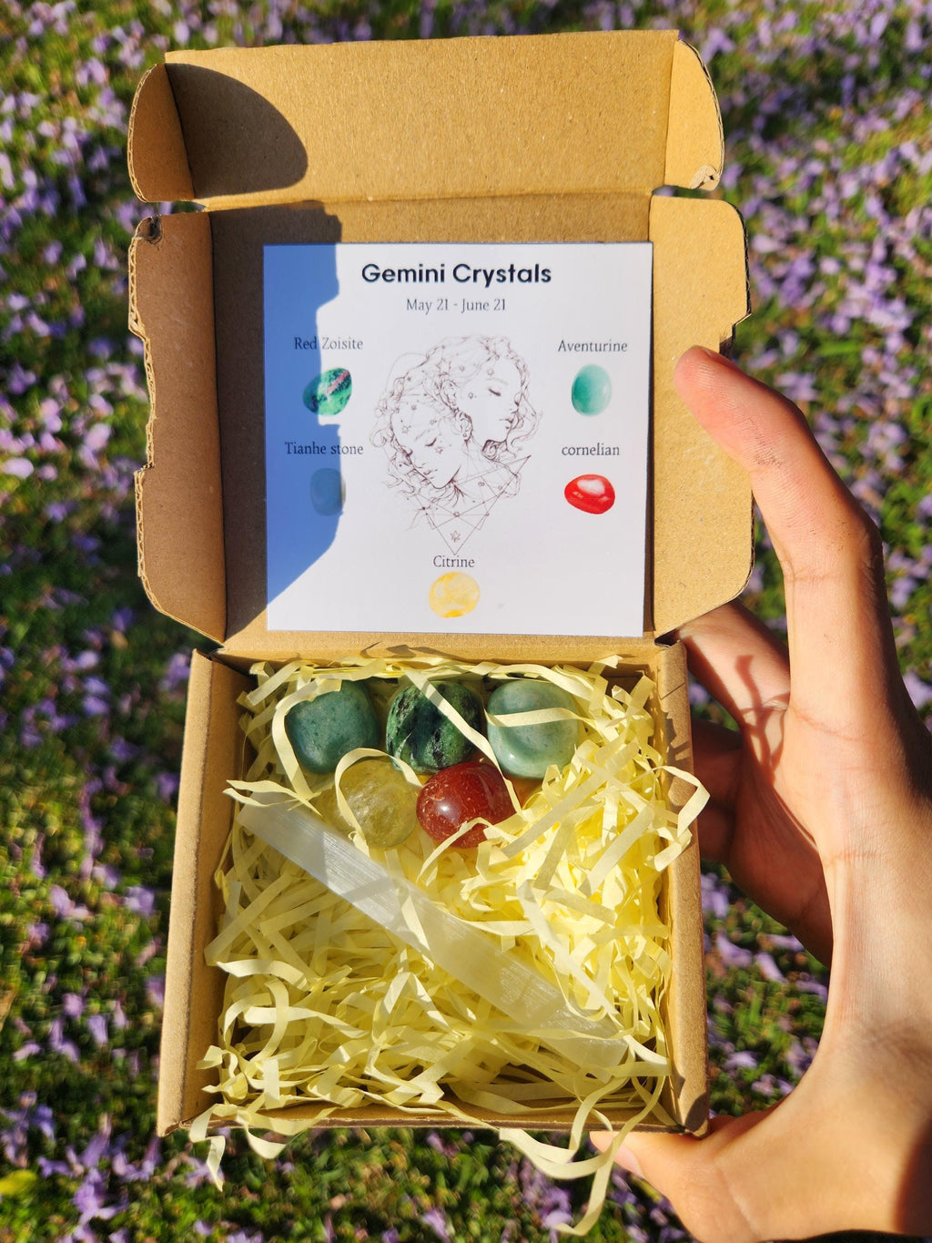 Gemini Crystal Set — Clarity & Expression Healing Stones with Selenite Charging Bar, Zodiac Crystal Gift Box (May 21 – June 21)