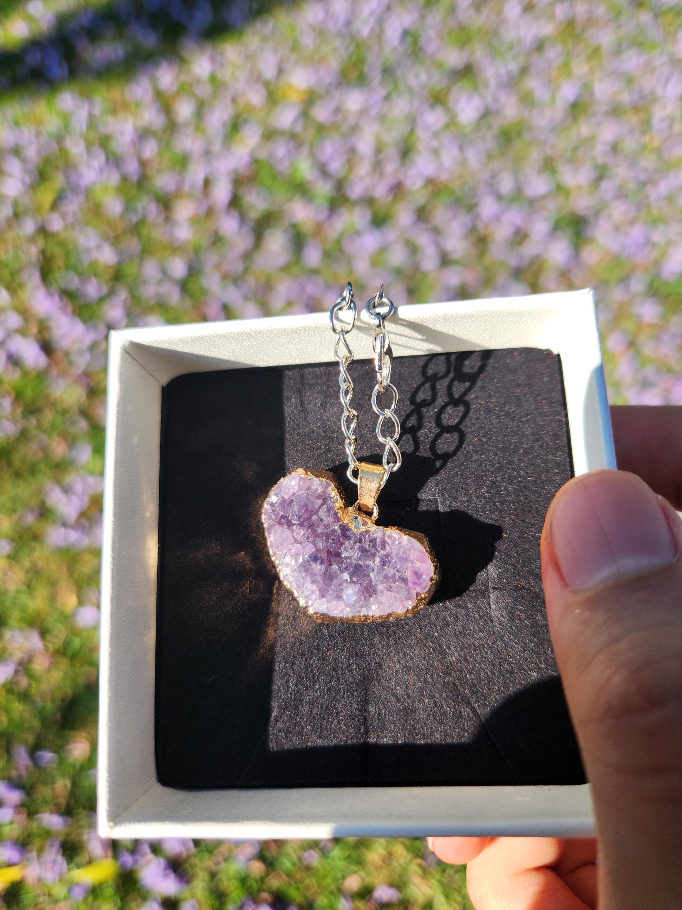 Heart-Shaped Raw Amethyst Necklace — Natural Crystal Pendant for Calm, Love, Spiritual Protection