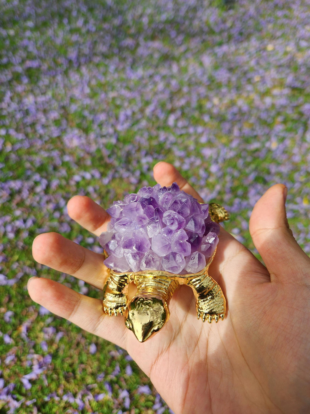 Amethyst Crystal Turtle – Gold Figurine, Healing Stone Decor