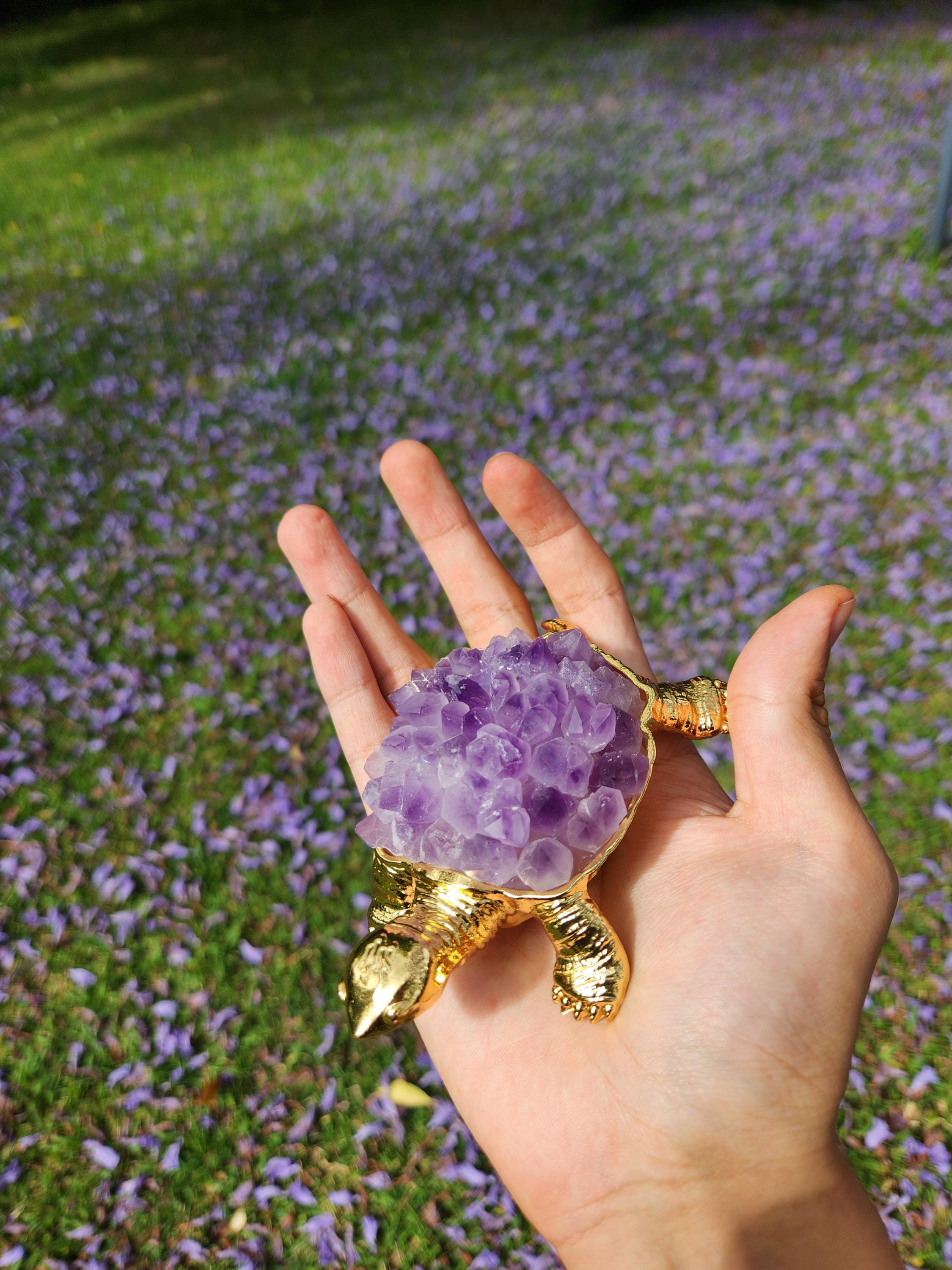 Amethyst Crystal Turtle – Gold Figurine, Healing Stone Decor