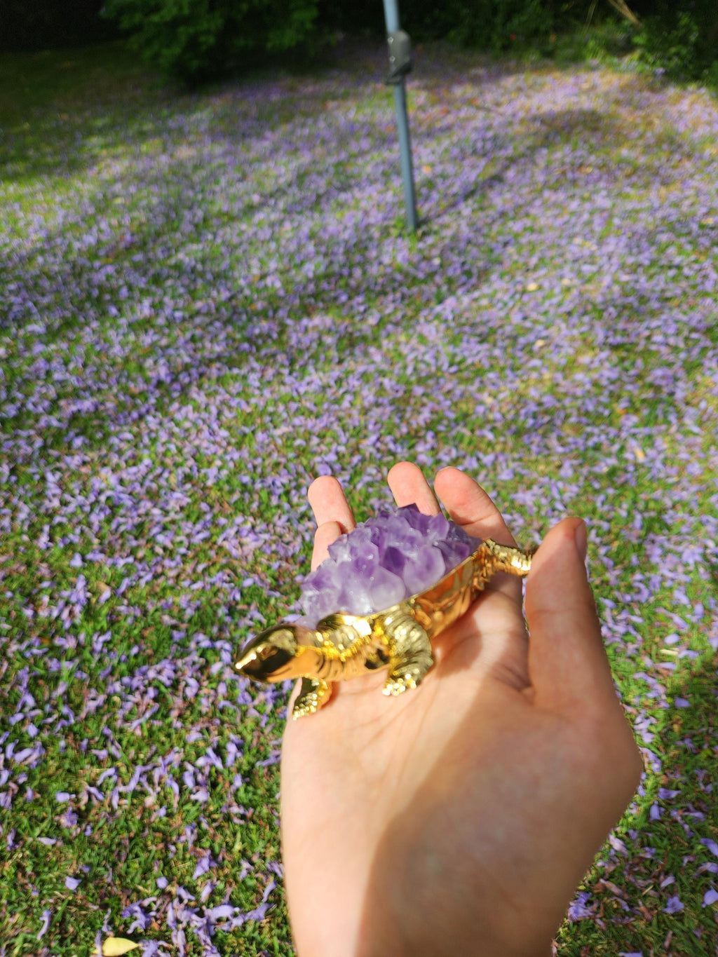 Amethyst Crystal Turtle – Gold Figurine, Healing Stone Decor