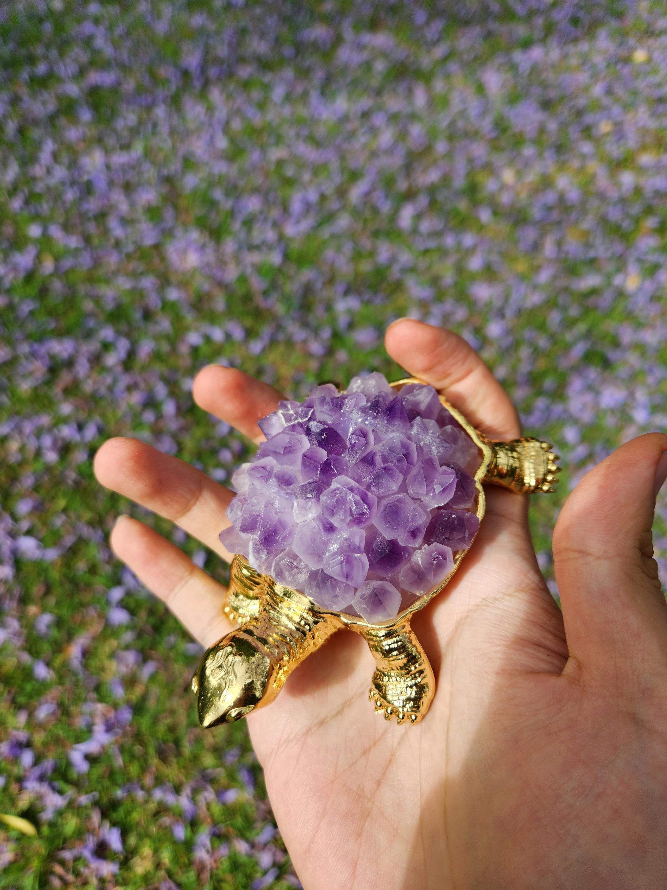 Amethyst Crystal Turtle – Gold Figurine, Healing Stone Decor
