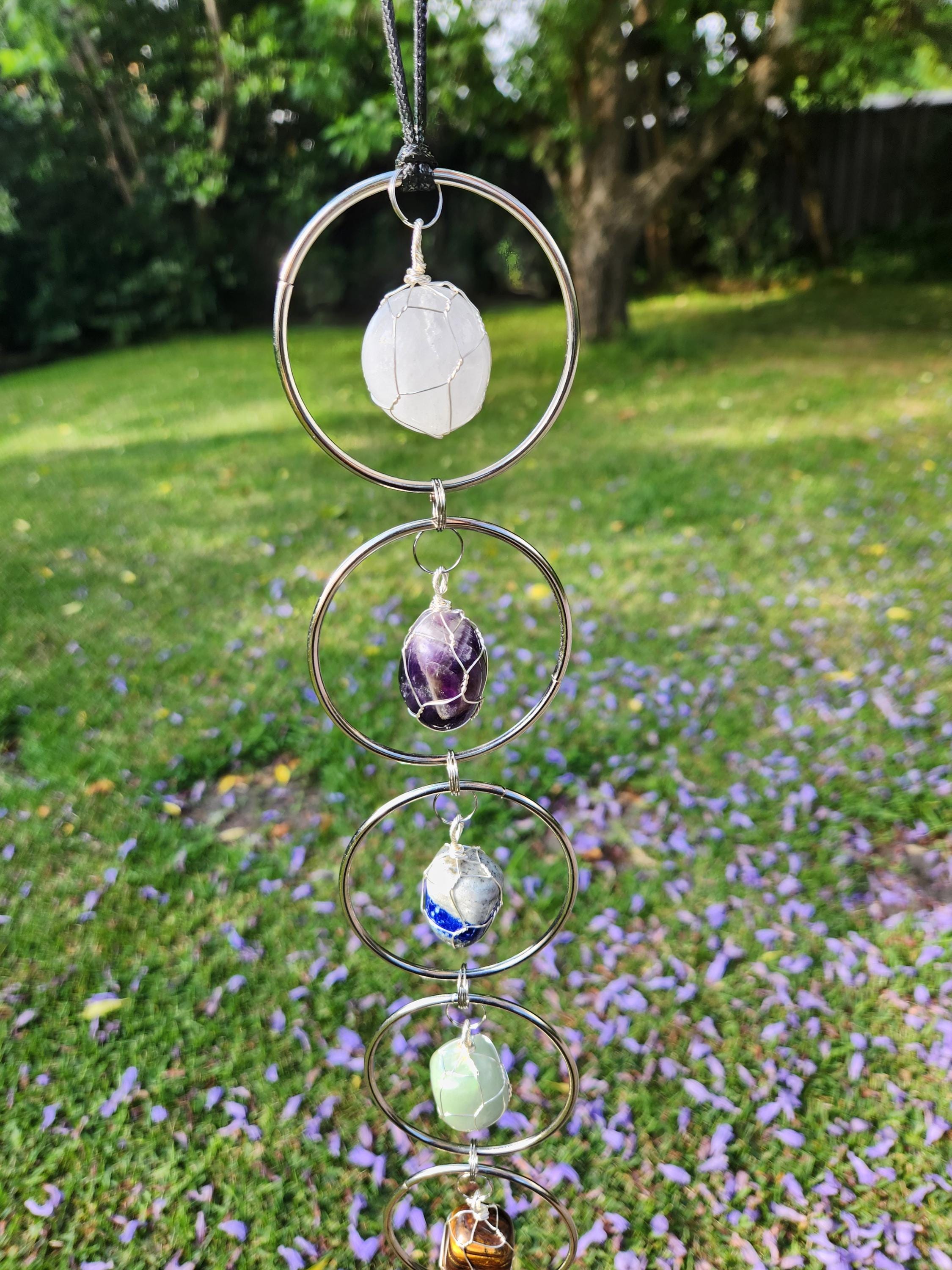 7 Chakra Crystal Hanging Decor, Silver Window Ornament, Boho Suncatcher Garden Hanging, Natural Healing Stones, Christmas Holiday Gift