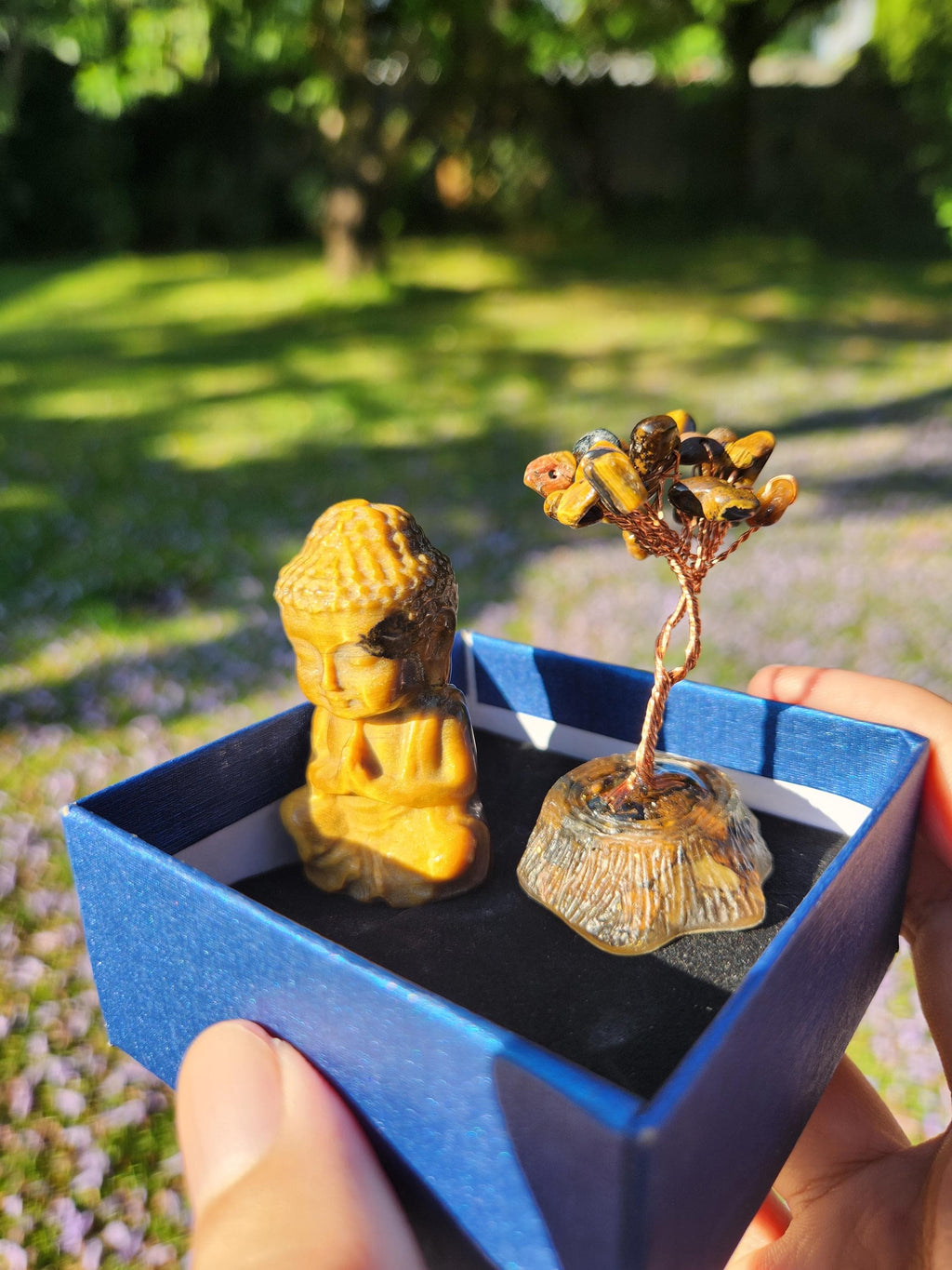 Tiger’s Eye Buddha & Bodhi Tree Set — Spiritual Meditation Decor, Protection, Grounding Stones