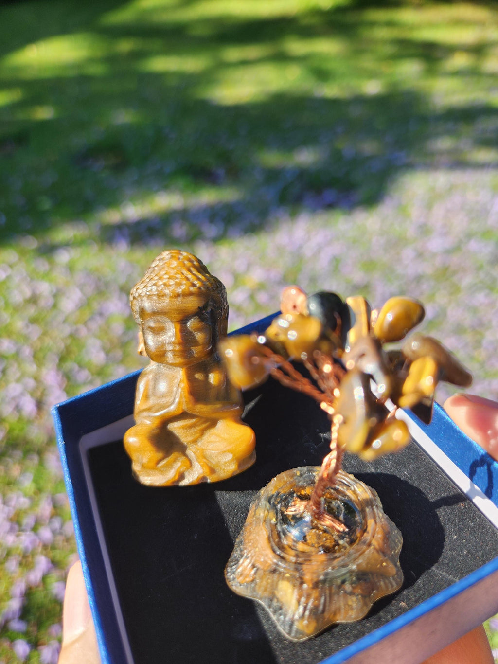 Tiger’s Eye Buddha & Bodhi Tree Set — Spiritual Meditation Decor, Protection, Grounding Stones