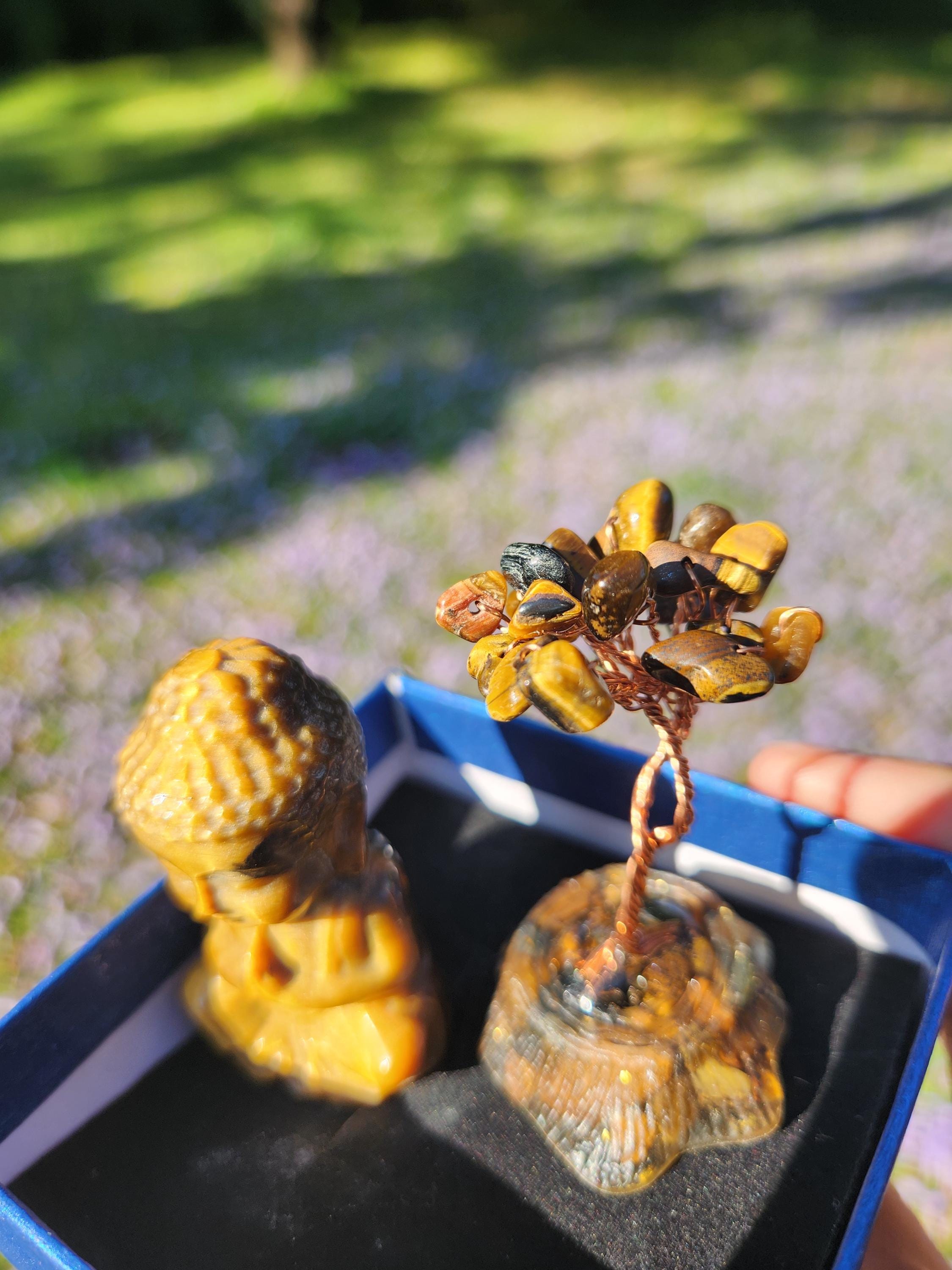 Tiger’s Eye Buddha & Bodhi Tree Set — Spiritual Meditation Decor, Protection, Grounding Stones