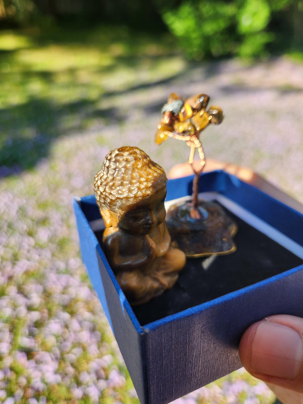 Tiger’s Eye Buddha & Bodhi Tree Set — Spiritual Meditation Decor, Protection, Grounding Stones