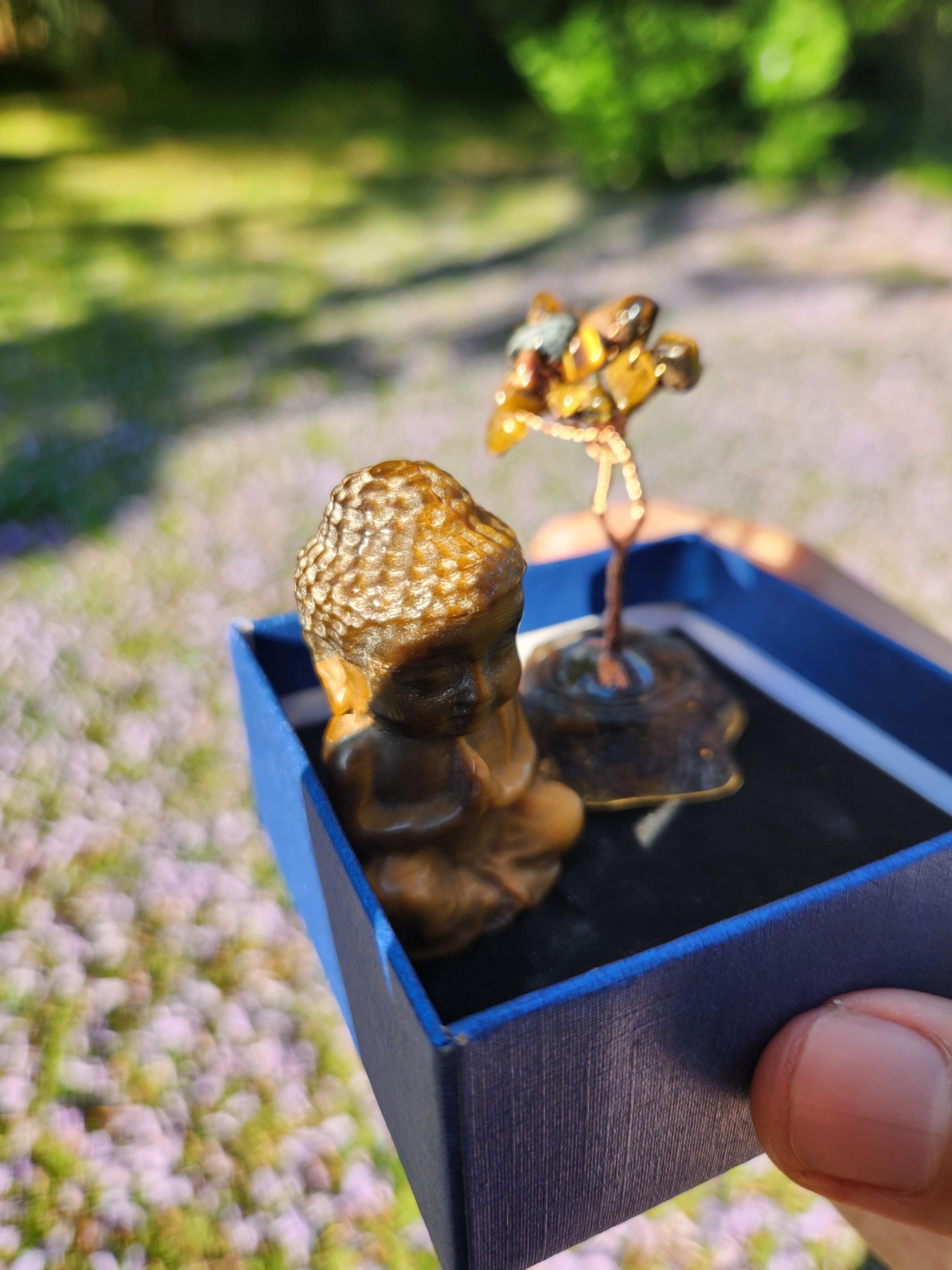 Tiger’s Eye Buddha & Bodhi Tree Set — Spiritual Meditation Decor, Protection, Grounding Stones