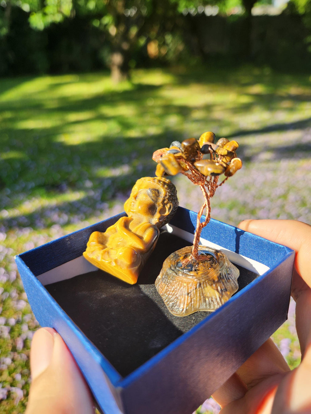 Tiger’s Eye Buddha & Bodhi Tree Set — Spiritual Meditation Decor, Protection, Grounding Stones