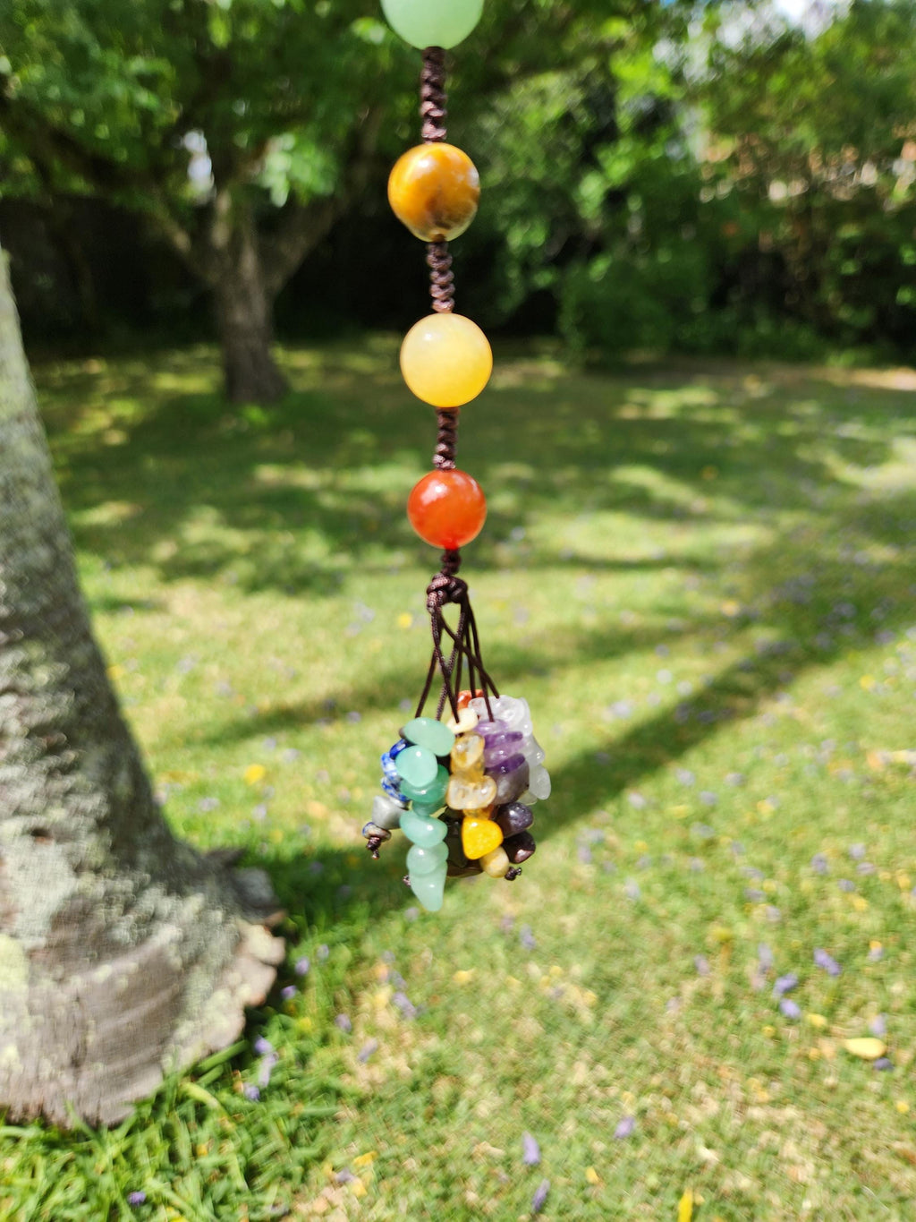 7-Chakra Raw Crystal Hanging Decor, Round Stones, Meditation Decor, Natural Healing Stones, Reiki Healing Crystals Car Window Hanger