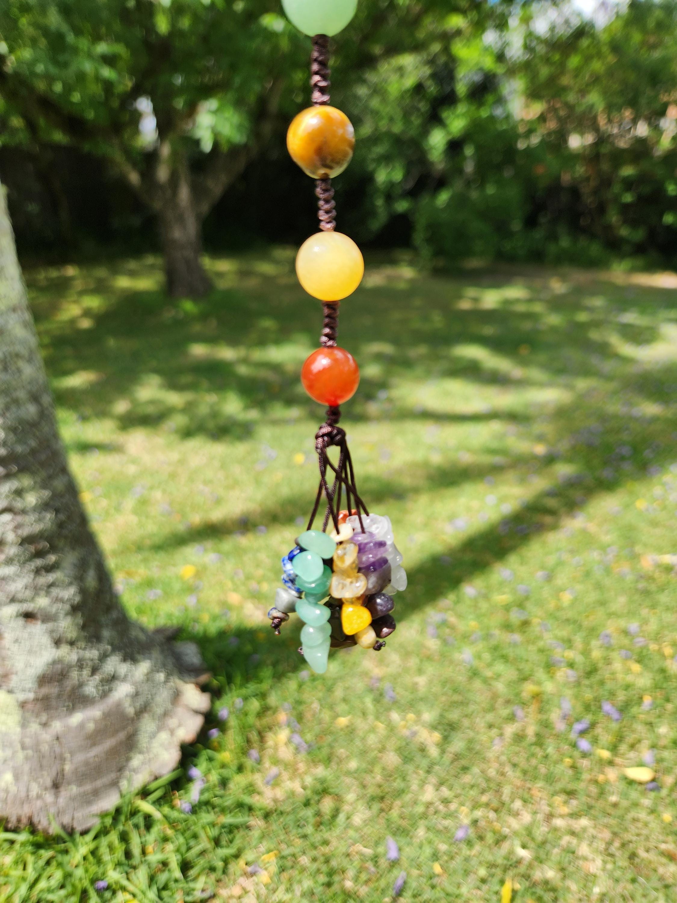 7-Chakra Raw Crystal Hanging Decor, Round Stones, Meditation Decor, Natural Healing Stones, Reiki Healing Crystals Car Window Hanger