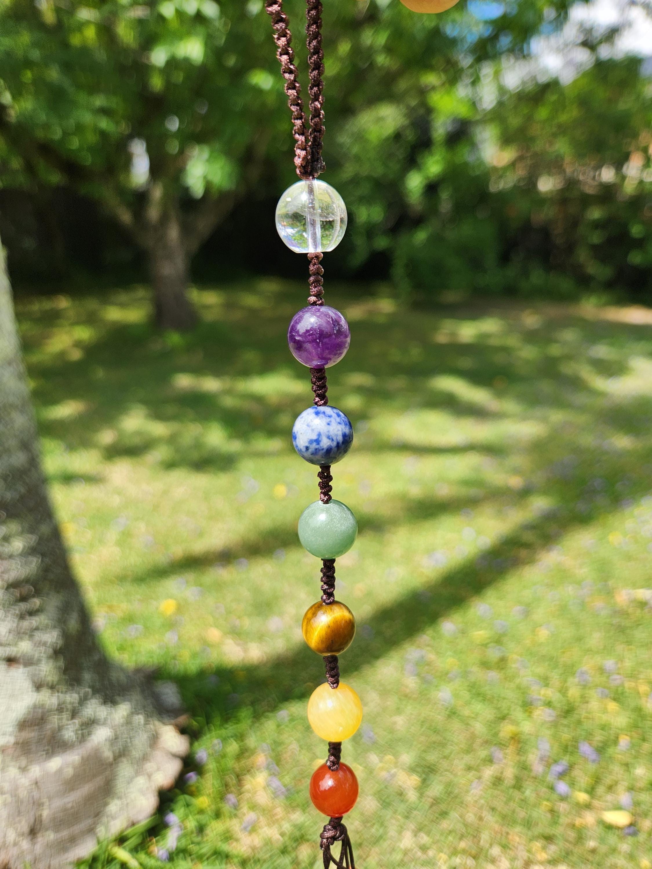 7-Chakra Raw Crystal Hanging Decor, Round Stones, Meditation Decor, Natural Healing Stones, Reiki Healing Crystals Car Window Hanger