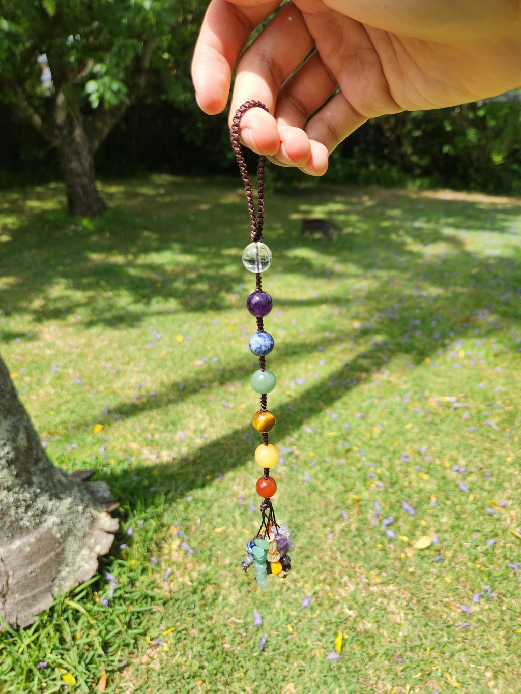 7-Chakra Raw Crystal Hanging Decor, Round Stones, Meditation Decor, Natural Healing Stones, Reiki Healing Crystals Car Window Hanger