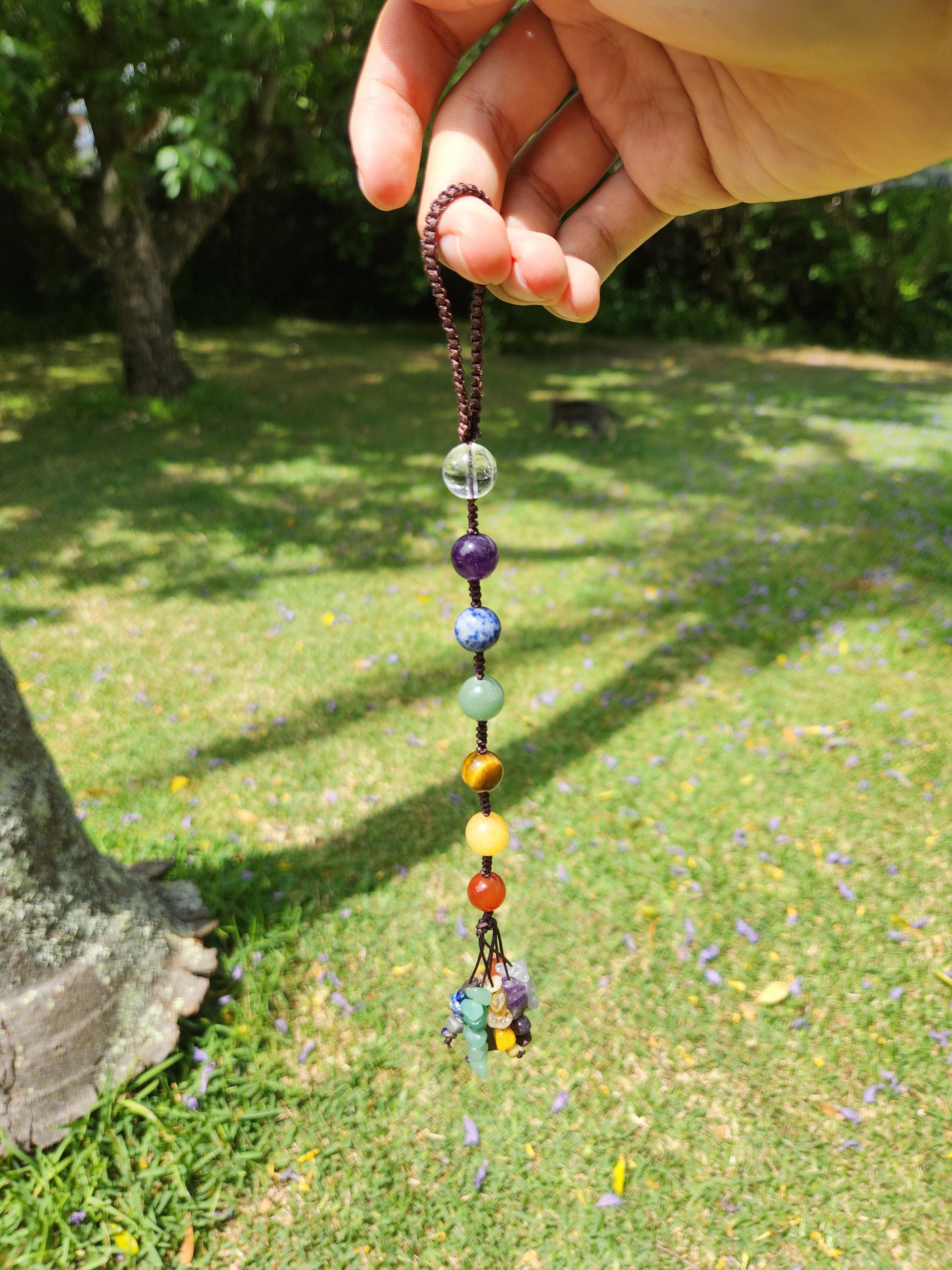 7-Chakra Raw Crystal Hanging Decor, Round Stones, Meditation Decor, Natural Healing Stones, Reiki Healing Crystals Car Window Hanger