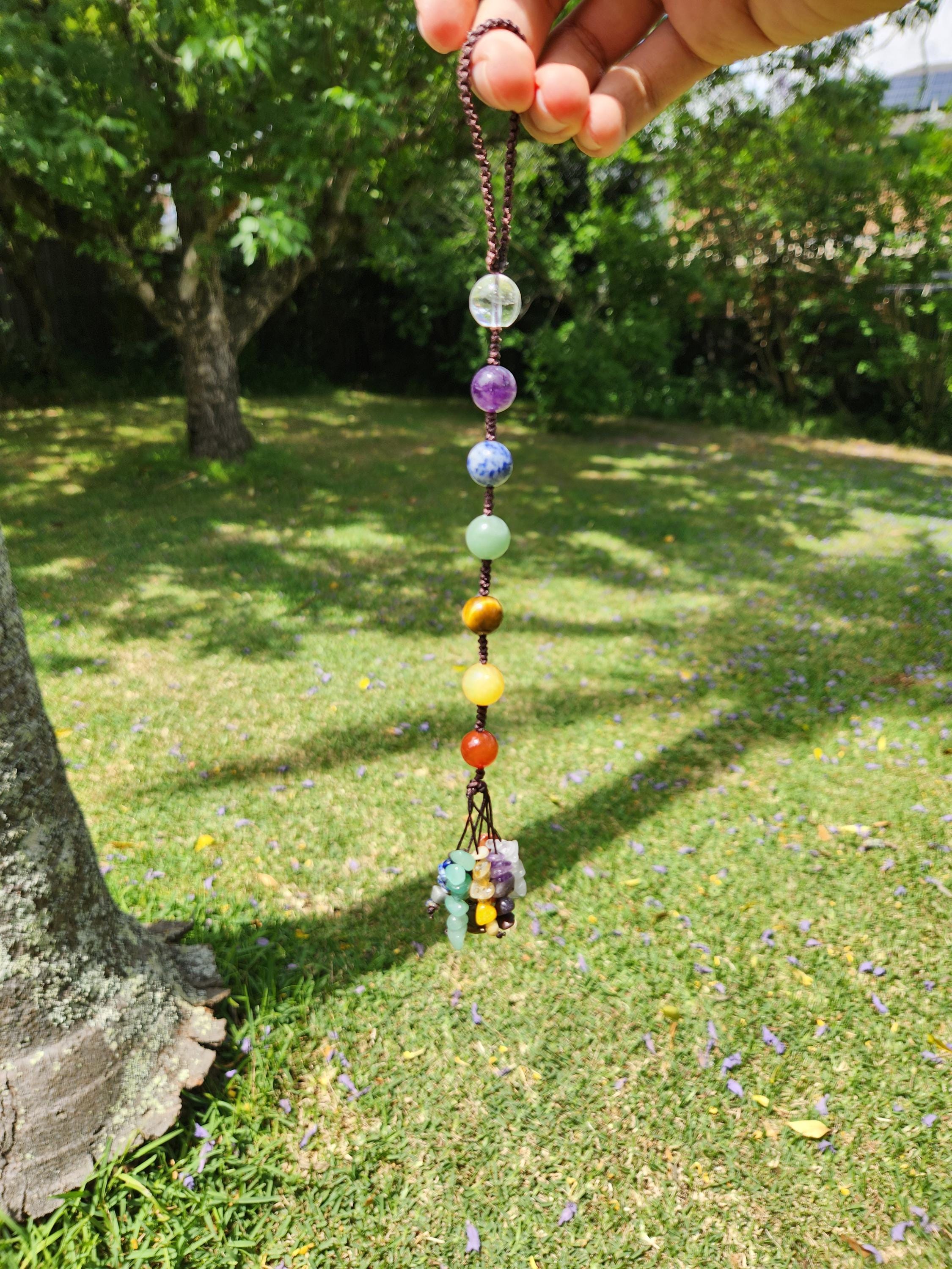7-Chakra Raw Crystal Hanging Decor, Round Stones, Meditation Decor, Natural Healing Stones, Reiki Healing Crystals Car Window Hanger