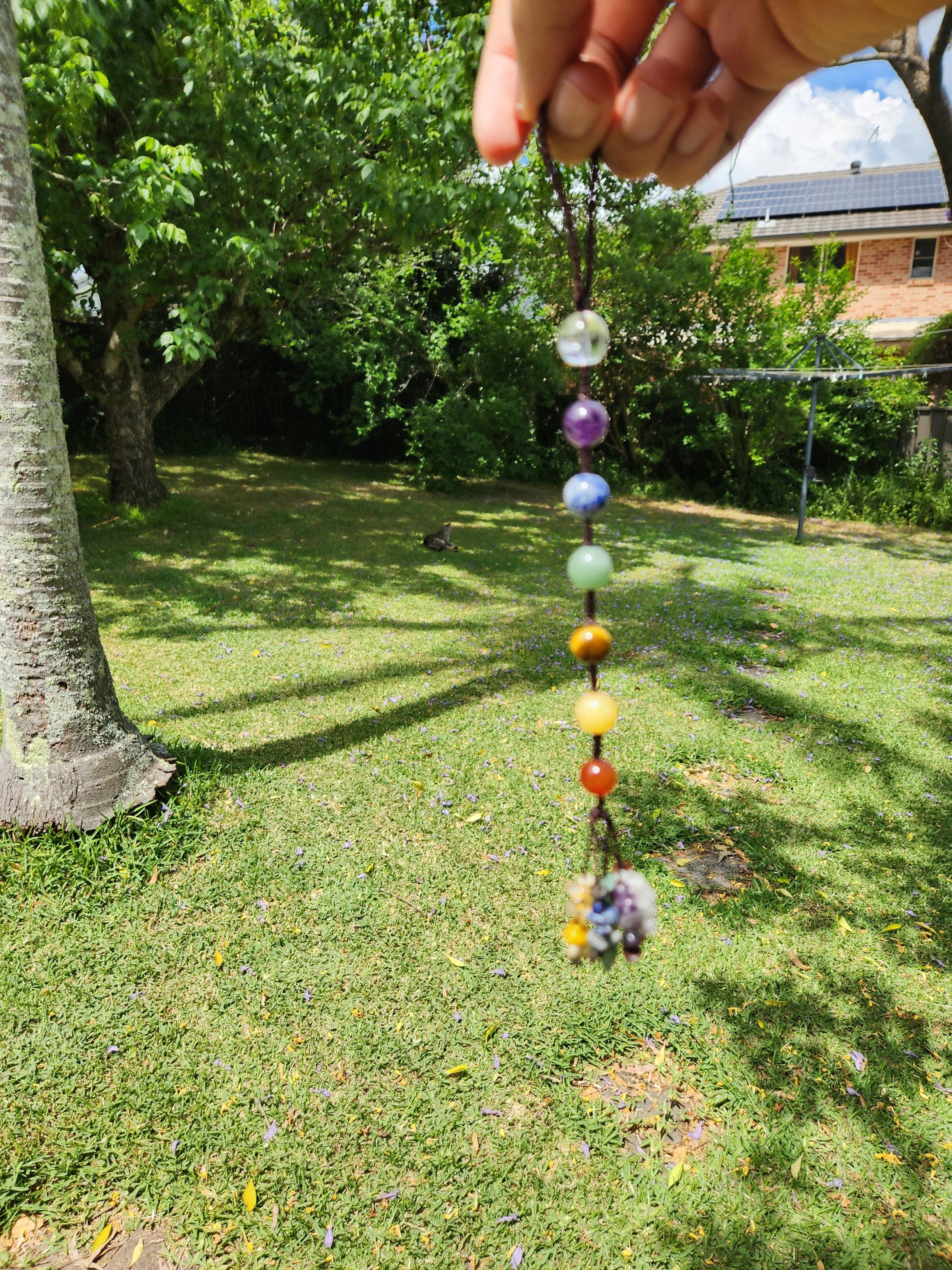 7-Chakra Raw Crystal Hanging Decor, Round Stones, Meditation Decor, Natural Healing Stones, Reiki Healing Crystals Car Window Hanger