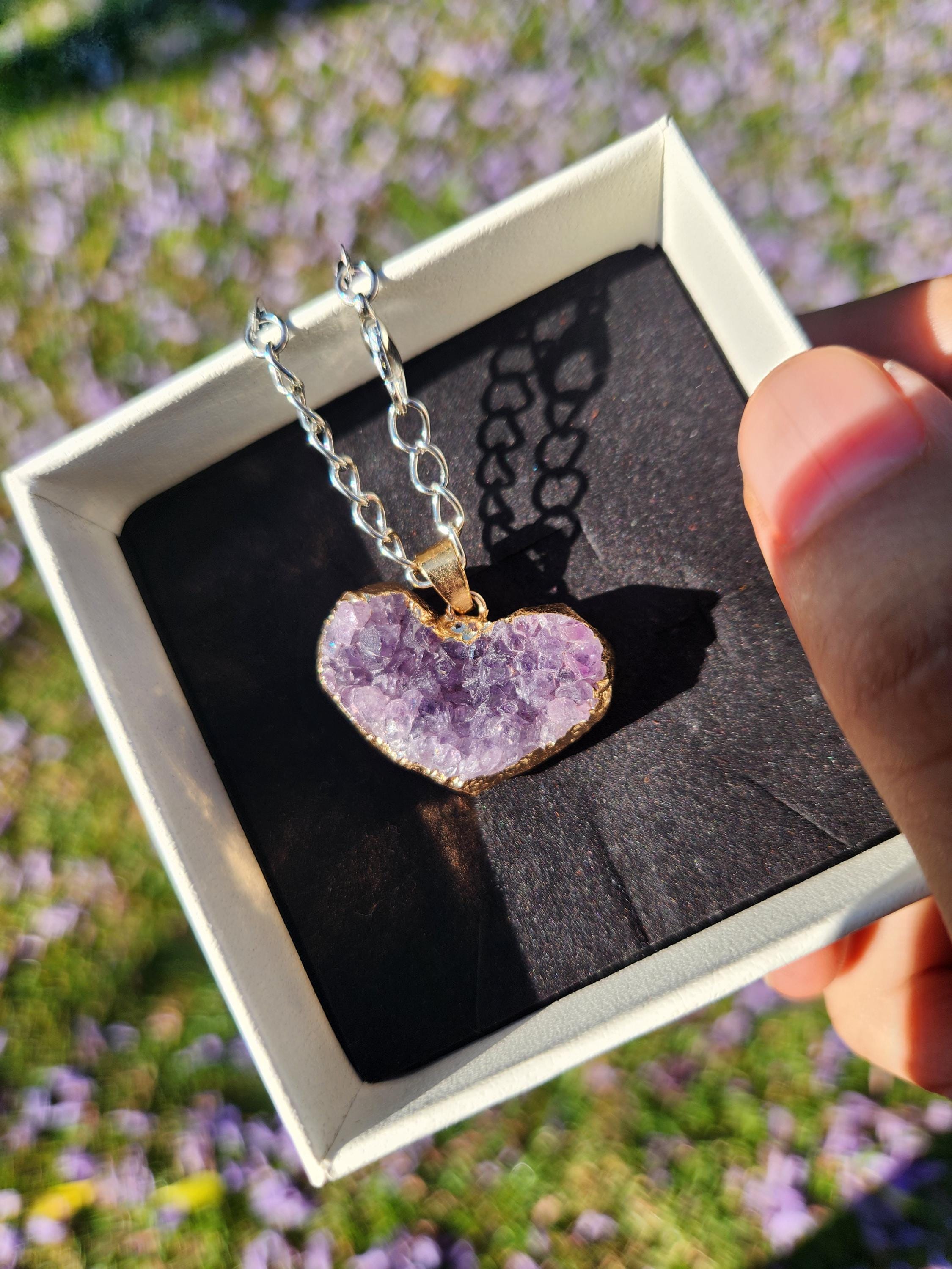Heart-Shaped Raw Amethyst Necklace — Natural Crystal Pendant for Calm, Love, Spiritual Protection