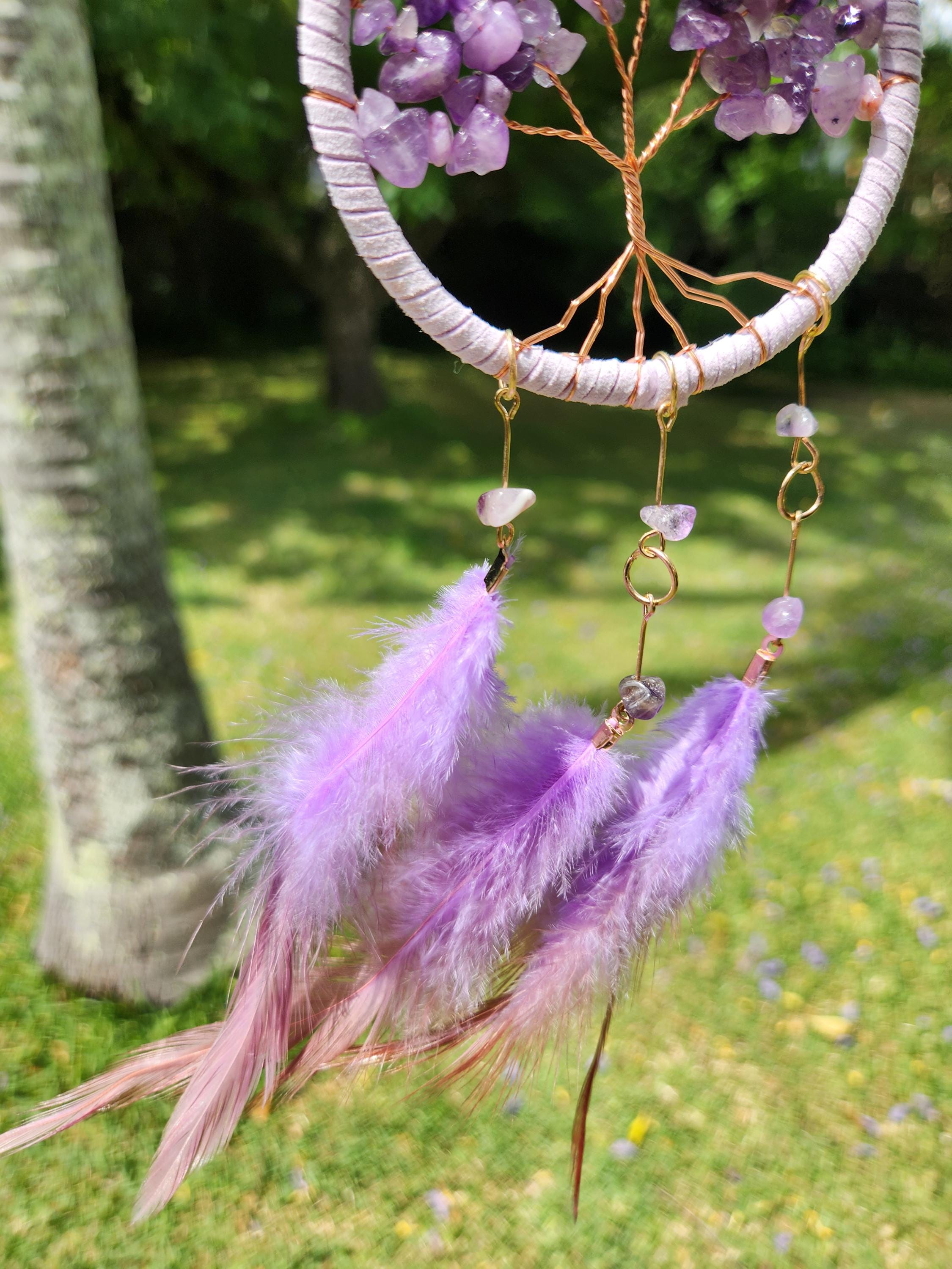 Amethyst Tree Dreamcatcher — Handmade Purple Gemstone Tree of Life Wall Hanging, Spiritual Protection, Healing Crystal Decor