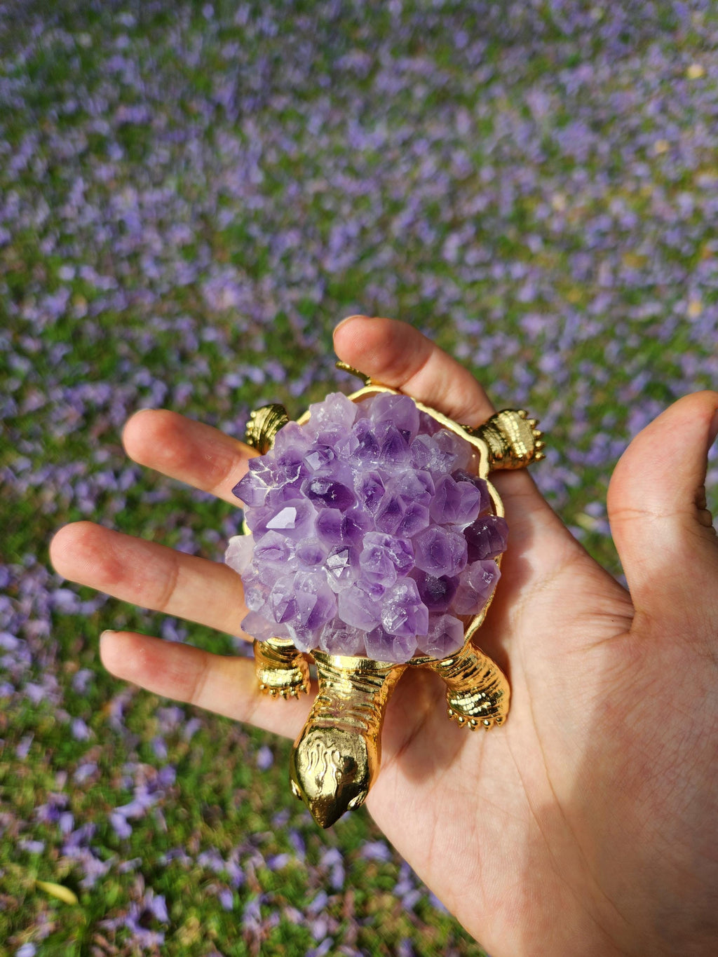 Amethyst Crystal Turtle – Gold Figurine, Healing Stone Decor
