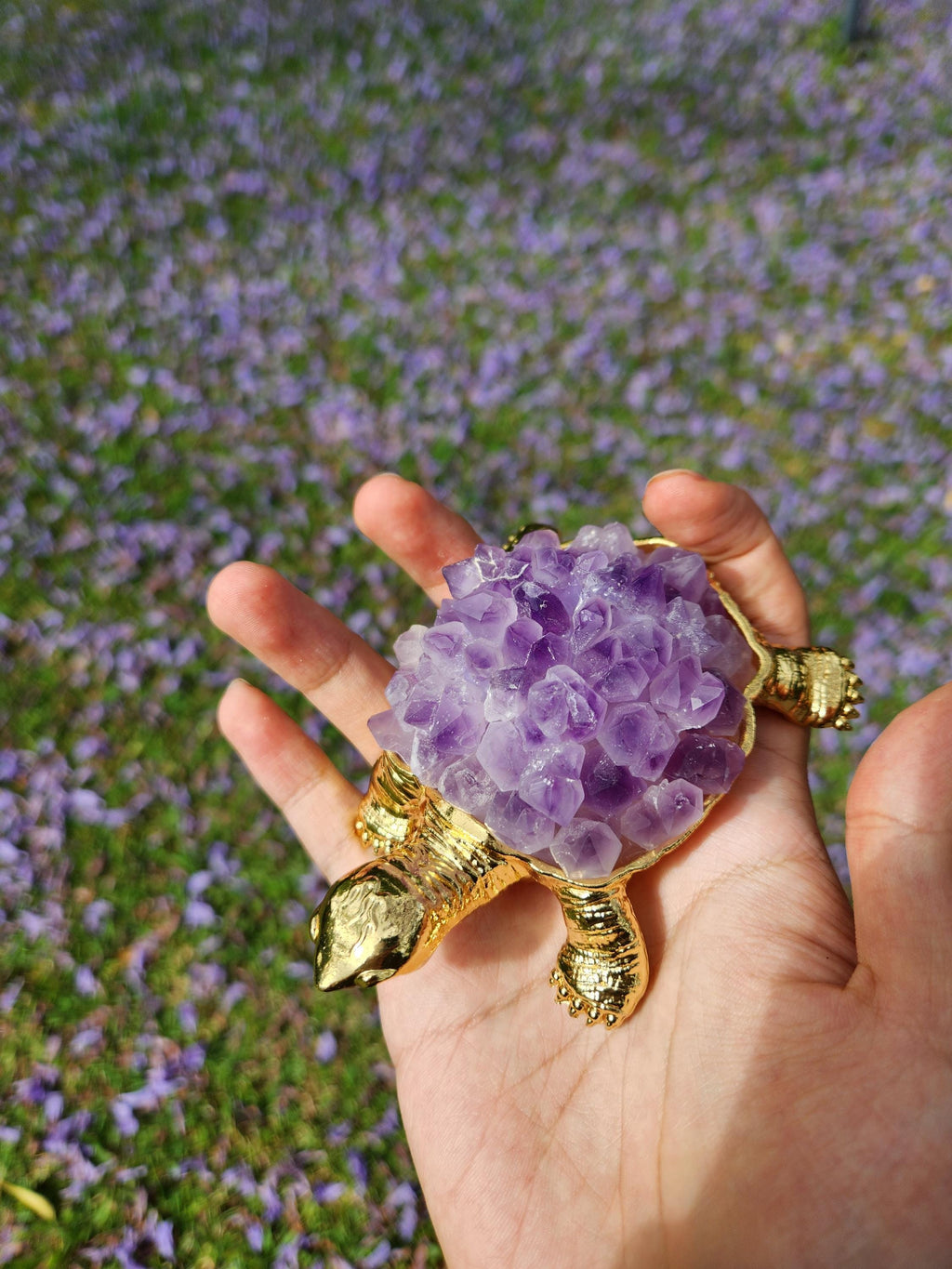 Amethyst Crystal Turtle – Gold Figurine, Healing Stone Decor