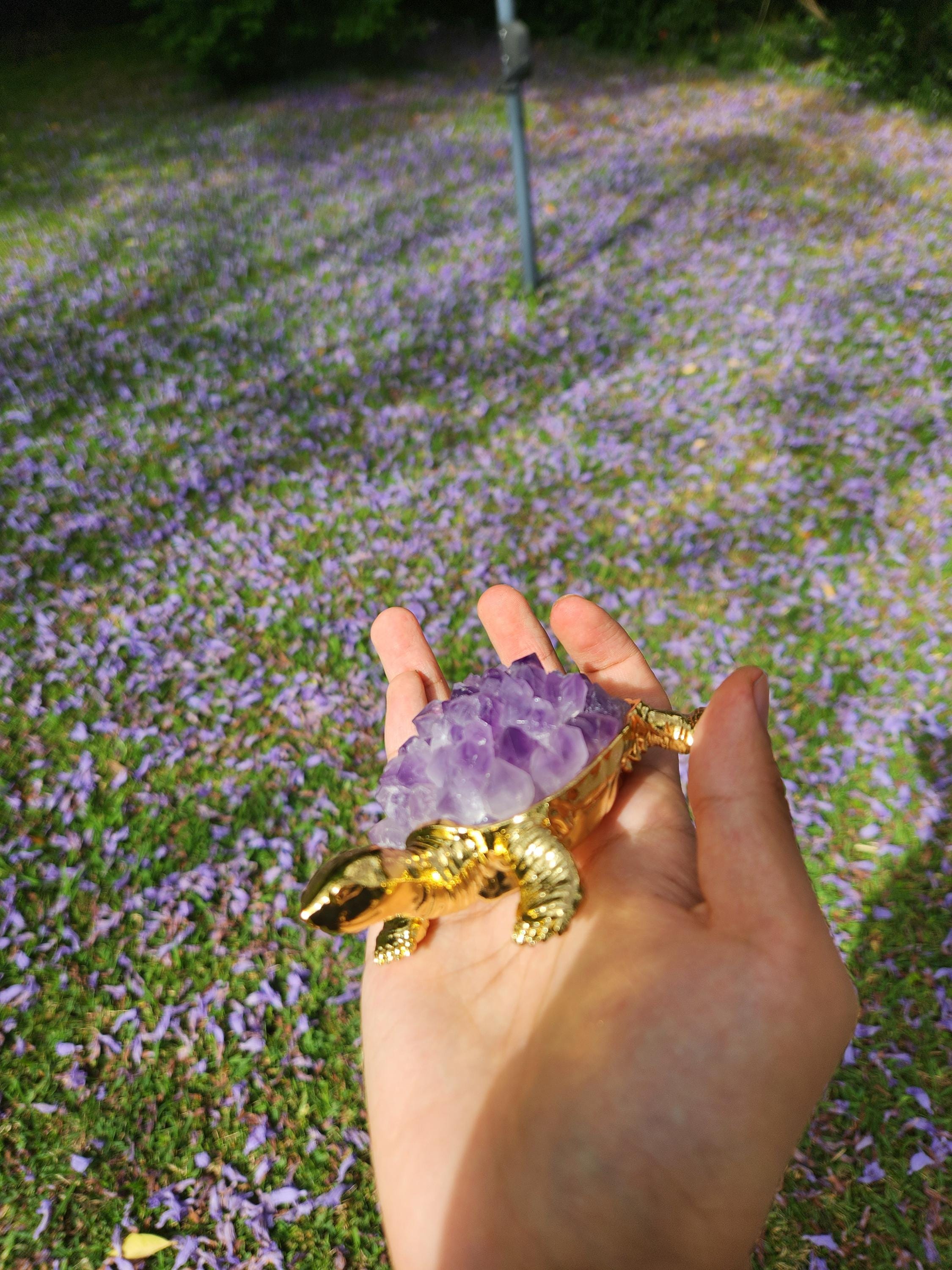 Amethyst Crystal Turtle – Gold Figurine, Healing Stone Decor