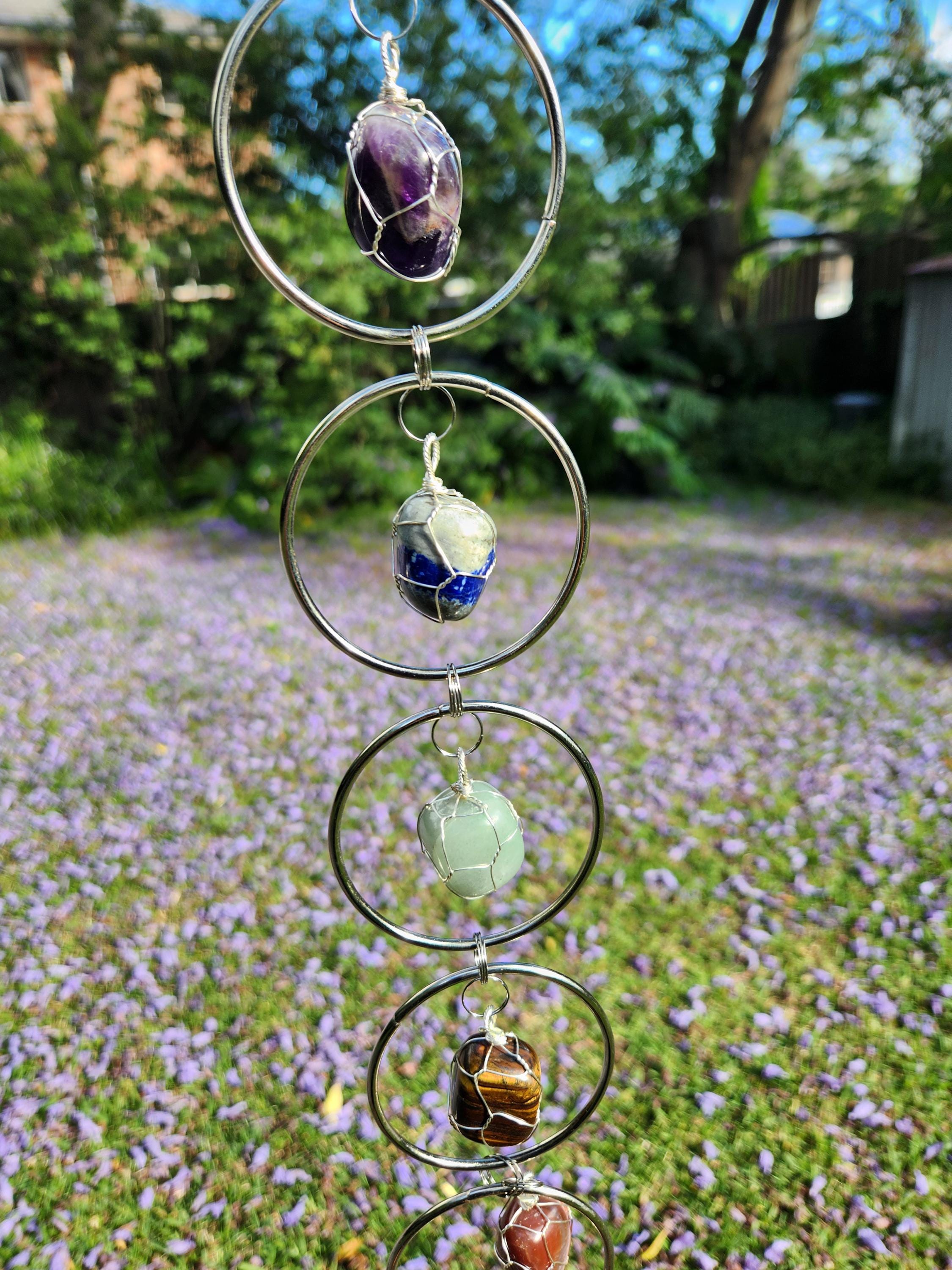 7 Chakra Crystal Hanging Decor, Silver Window Ornament, Boho Suncatcher Garden Hanging, Natural Healing Stones, Christmas Holiday Gift