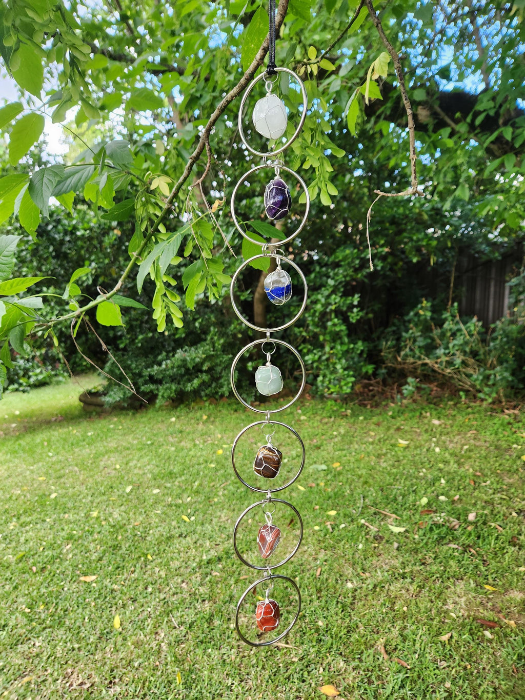 7 Chakra Crystal Hanging Decor, Silver Window Ornament, Boho Suncatcher Garden Hanging, Natural Healing Stones, Christmas Holiday Gift